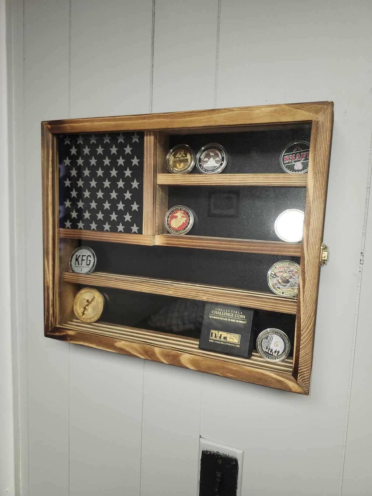 Challenge Coin Display Case, Lockable Military Coin Holder Cabinet | Removable Star Board & HD Tempered Glass Door, Solid Wood Wall Mount Coins Collection Rack Stand, Charcoal Brown customer photo 2