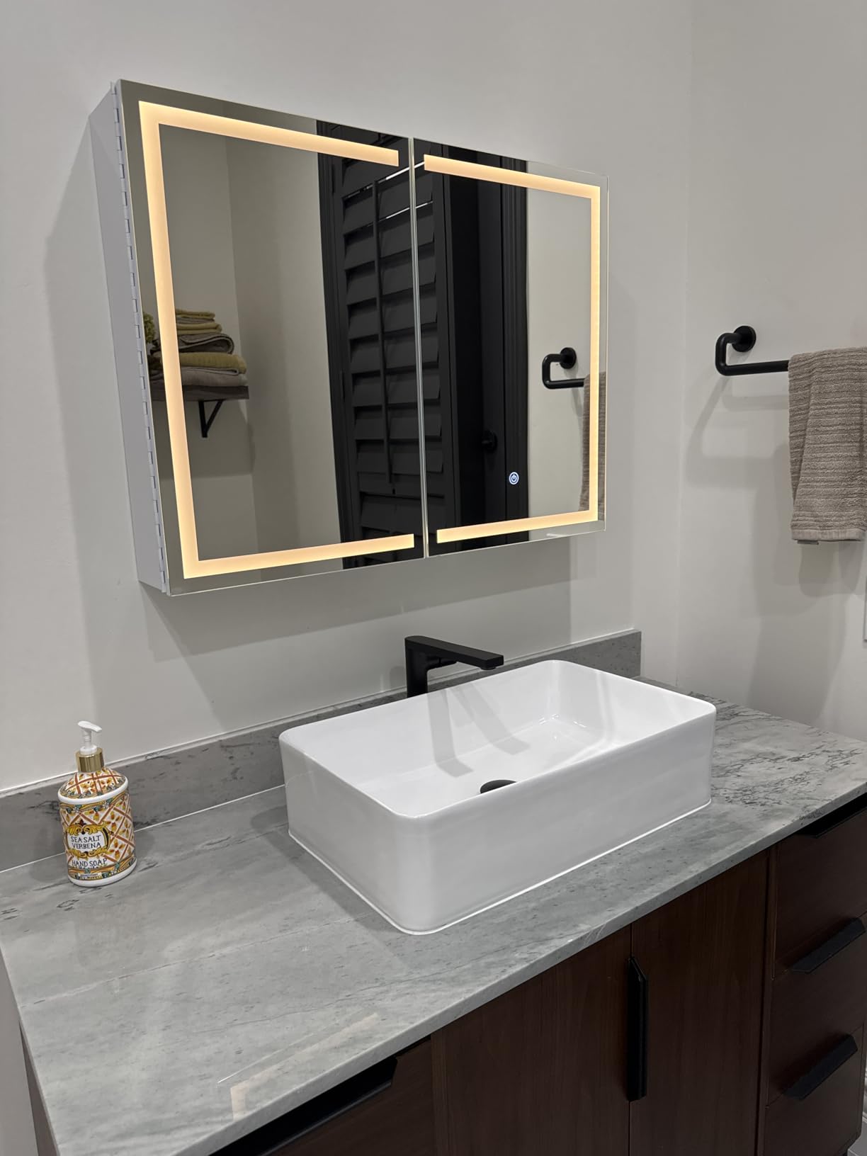TETOTE LED Lighted Medicine Cabinet with Lights 30 x 26 Recessed or Surface Mount Cabinet Mirror for Bathroom Wall, 2 Door Tempered Glass LED Vanity Cabinet, Outlets & USB, 3-Color Dimming, Anti-Fog customer photo 2