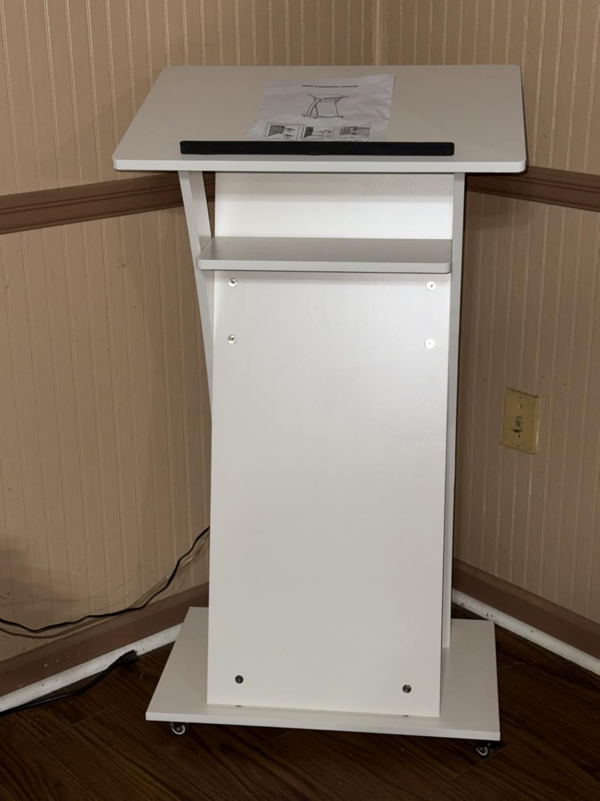 Mobile Wooden Podium Stand with Wheels Lectern Oak Color 16MM Wood Board Elegant Design Wooden Pulpit for Churches Seminars and Schools customer photo 1