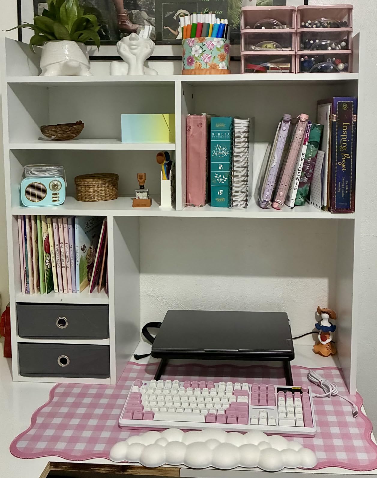 deli Desktop Bookshelf, High-Capacity Desk Hutch Organizer, White | with 7 Shelves and 2 Drawers for Computer Desk, Desk Shelf Organizer for Dorm Office Home customer photo 2