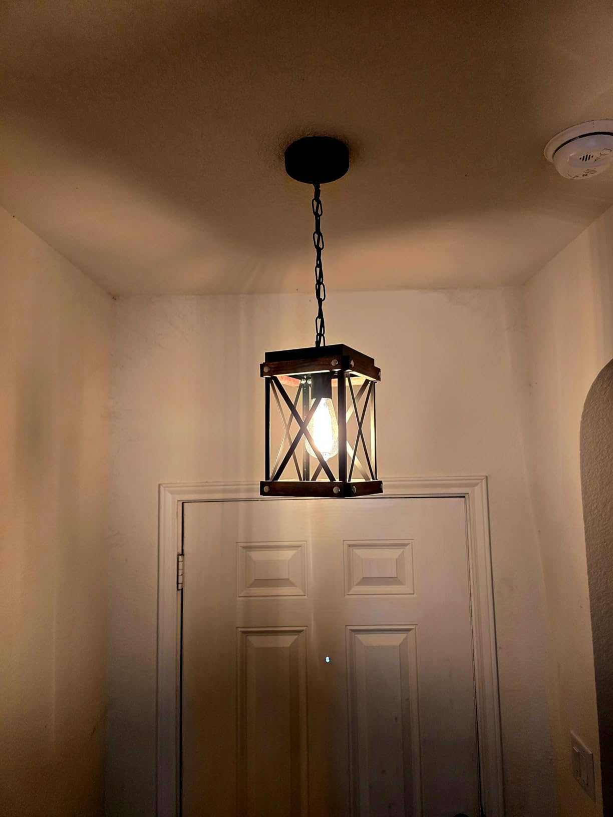 2 Pack Rustic Farmhouse Wood Pendant Light Fixture One-Light Adjustable Chain Oak Wood and Metal Lantern Cage Small Pendant Lighting for Kitchen Island Sink Hallway Farmhouse Bathroom Bar, Black customer photo 2