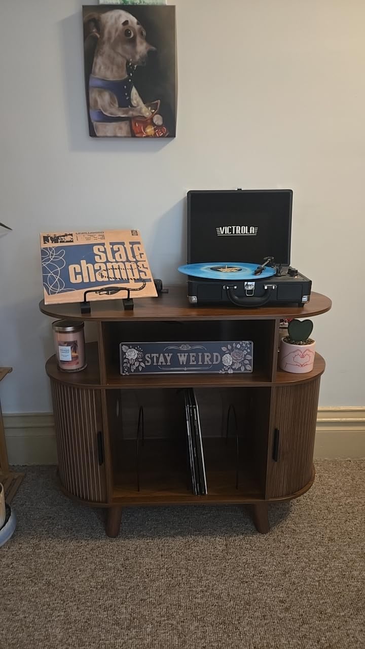 LUVIOHOME Large Round Record Player Stand with Charging Station & USB Ports | Record Storage Cabinet, Mid Century Modern Turntable Stand for Bedroom Living Room customer photo 1