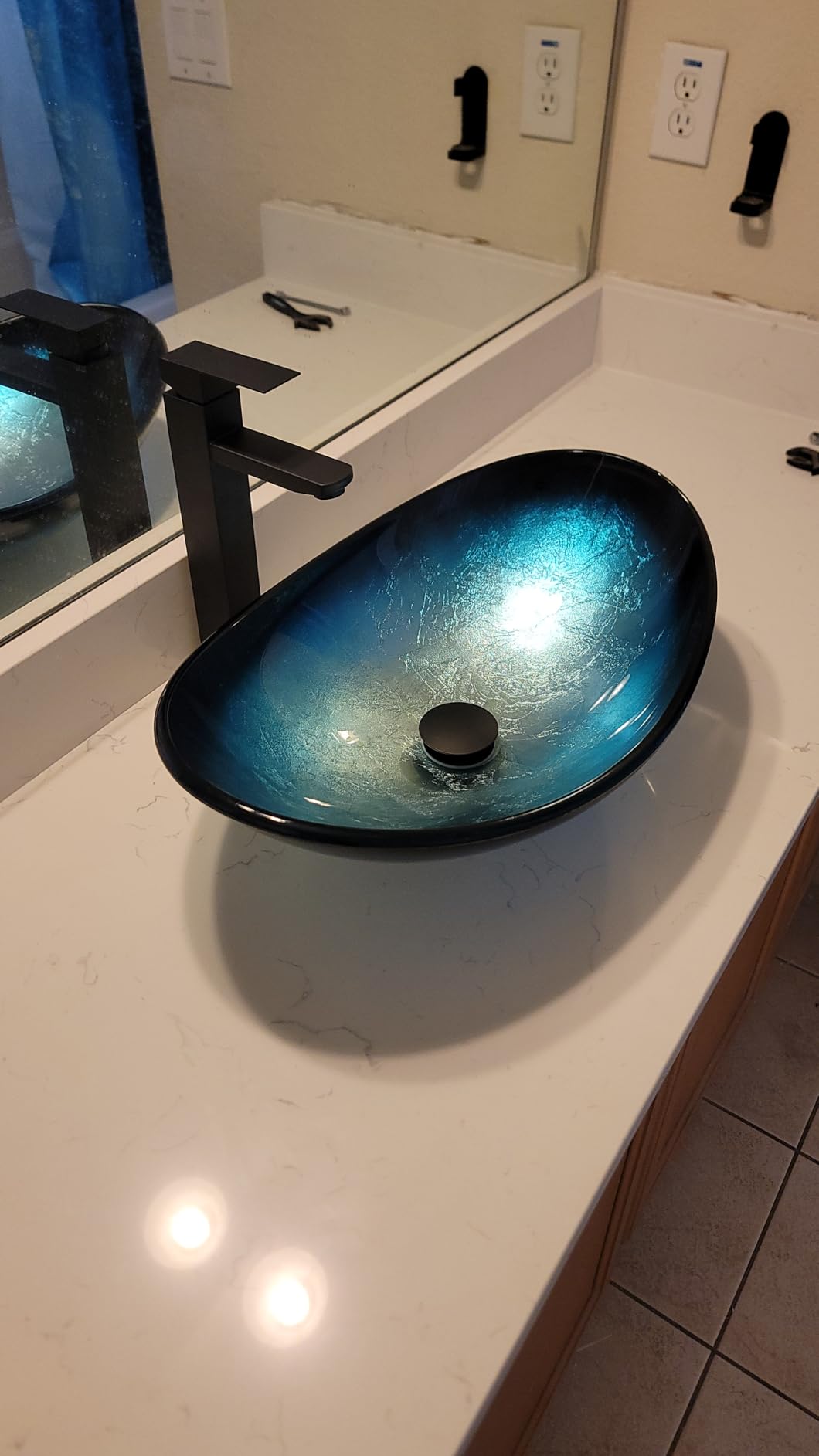 Bathroom Boat Shape Artistic Glass Vessel Sink, Gold | Black Faucet and Pop-up Drain Set customer photo 2