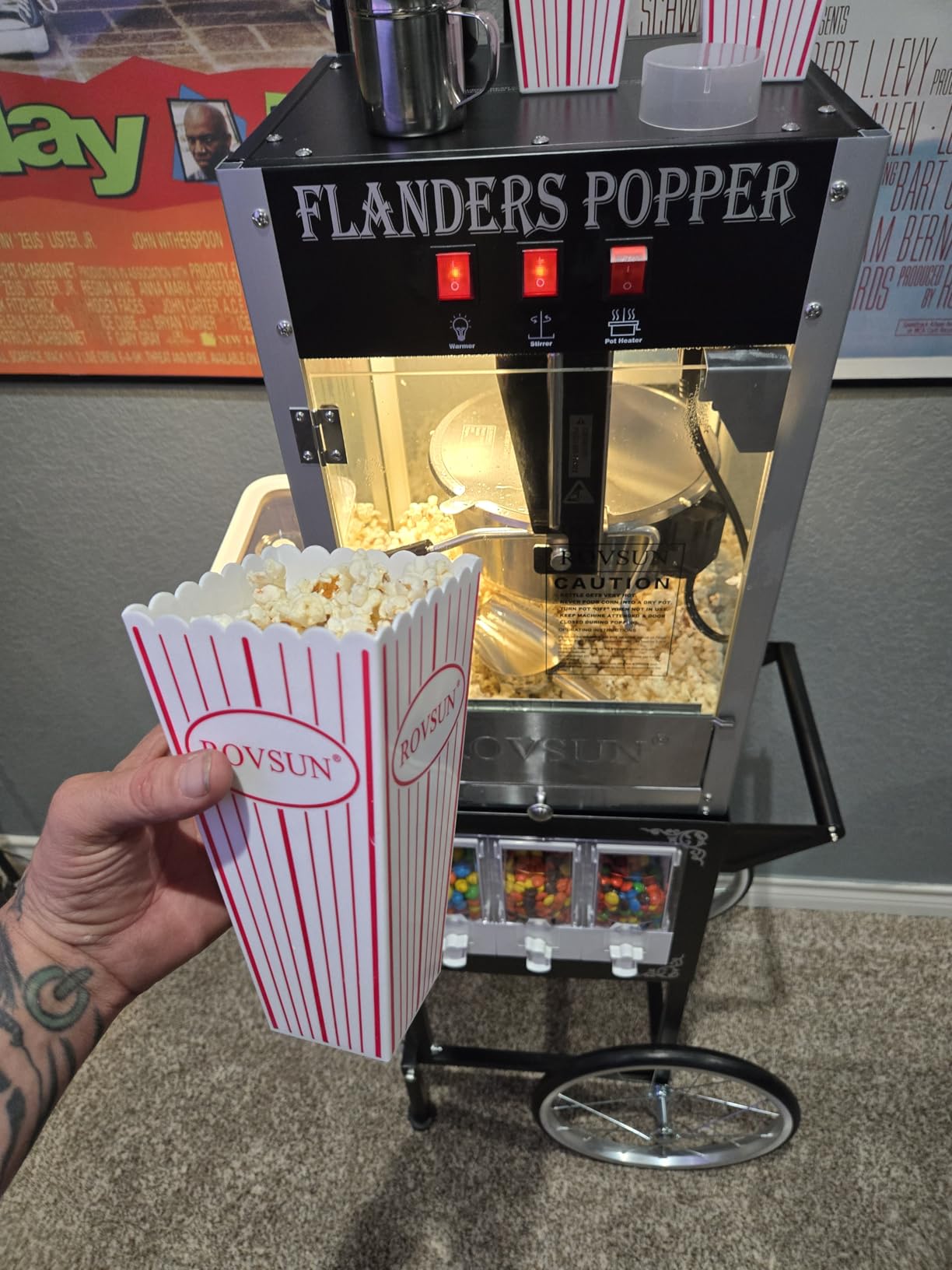 ROVSUN Popcorn Machine Cart with Candy Dispenser, 8 Oz Kettle Makes Up to 32 Cups ETL, Popcorn Maker w/Scoop, Oil Spoon, Bags & Cups, Movie Theater Style Popper for Commercial Home Party, Red customer photo 1
