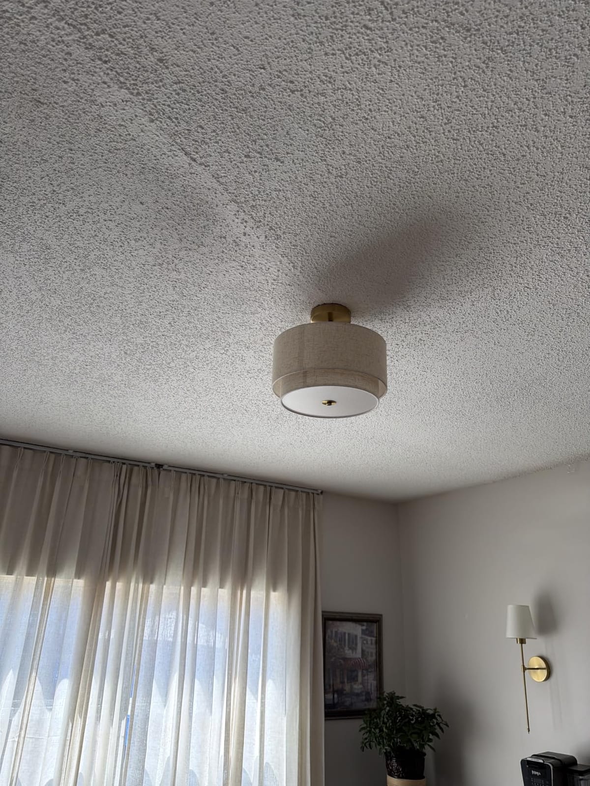 Semi Flush Mount Ceiling Light Fixture, 12.6'' Gold Light Fixtures Ceiling Mount, Modern Close to Ceiling Light with 2-Layer Linen Shade, Farmhouse Drum Ceiling Light for Bedroom Hallway Living Room customer photo 1