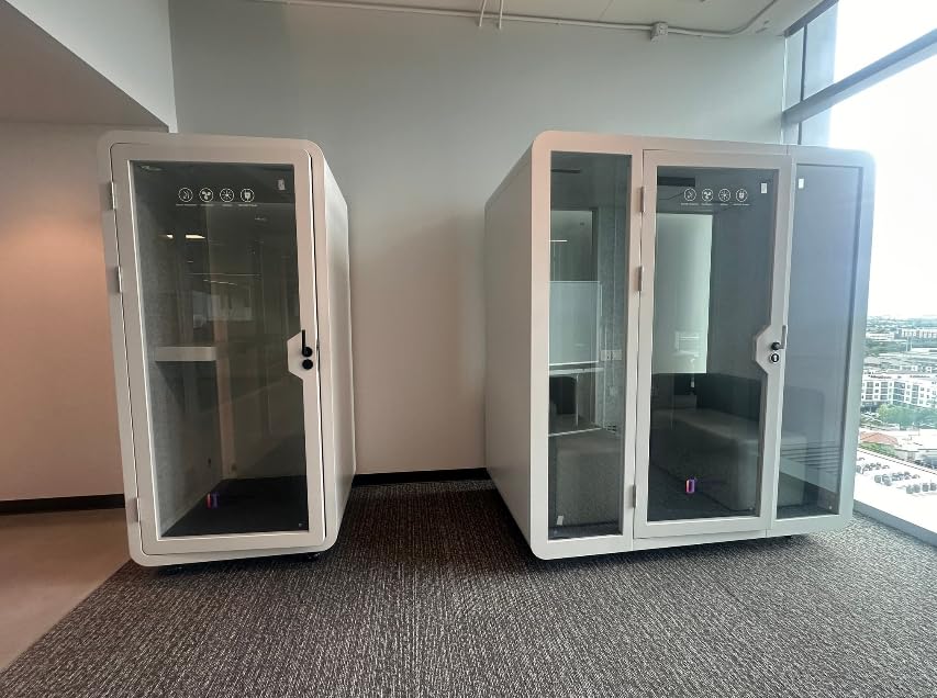 GEARONIC Mobile Office Pod Booth, Sound Proof Office Pod Booth with Mobile Roller, Larger Space for 2-4 People, LED Lighting System,Fans and AC USB Ports(White-Grey) customer photo 1