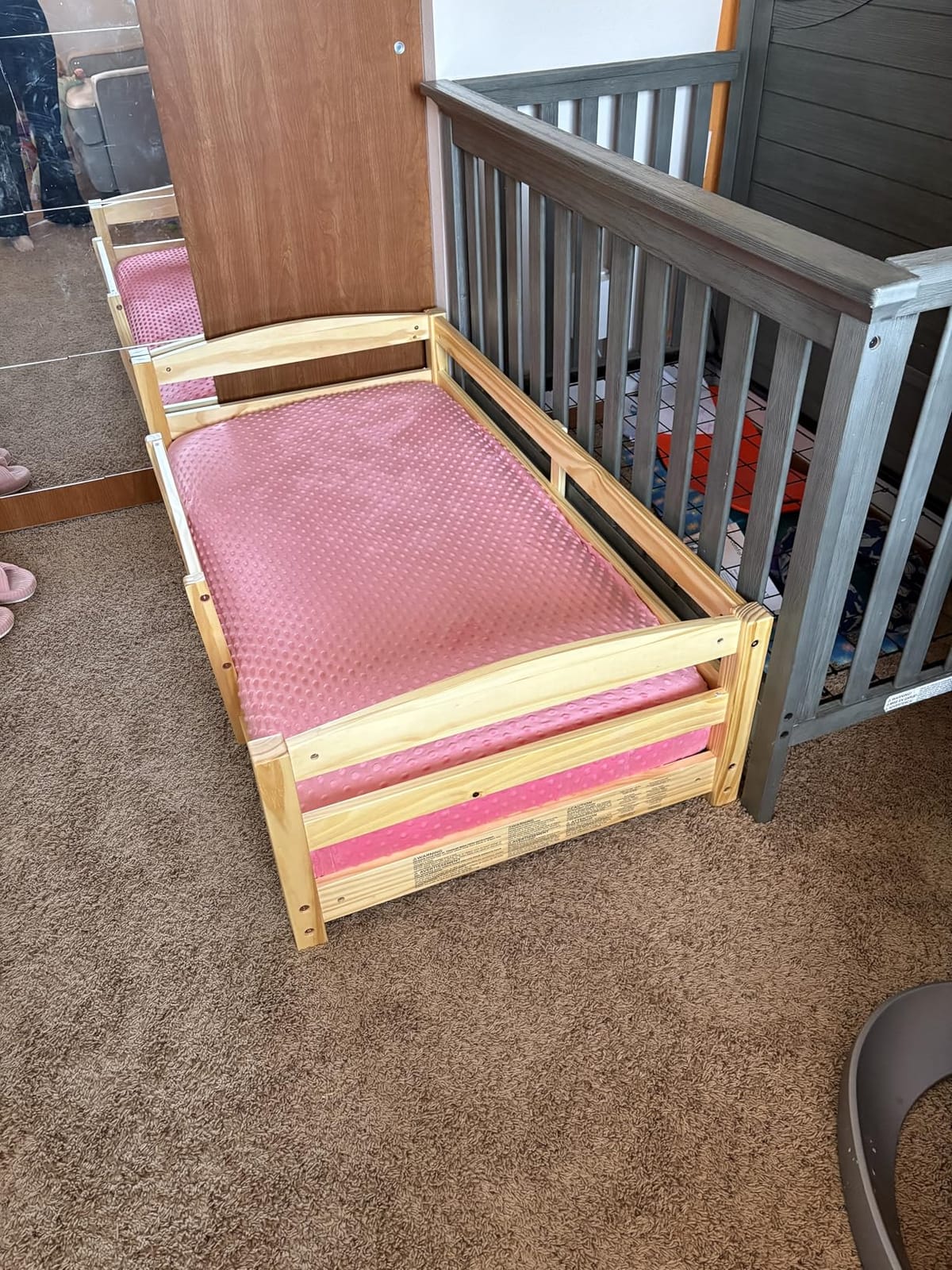Ocodile Toddler Bed with Rails | Low Montessori Floor Bed Frame for Kids | Standard Crib Size Wooden Frame for Independent Toddlers 1-3 - White customer photo 1