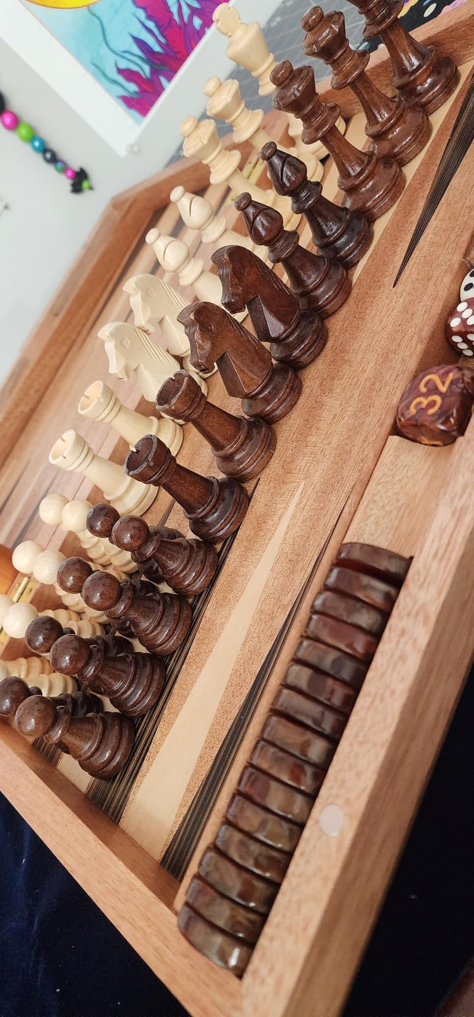 Pointworks 17 Inch Chess Checkers Backgammon Set for adults, Wooden chess set combo, portable folding two sided board multi game design, maple walnut inlay with large weighted pieces, acrylic checkers customer photo 1