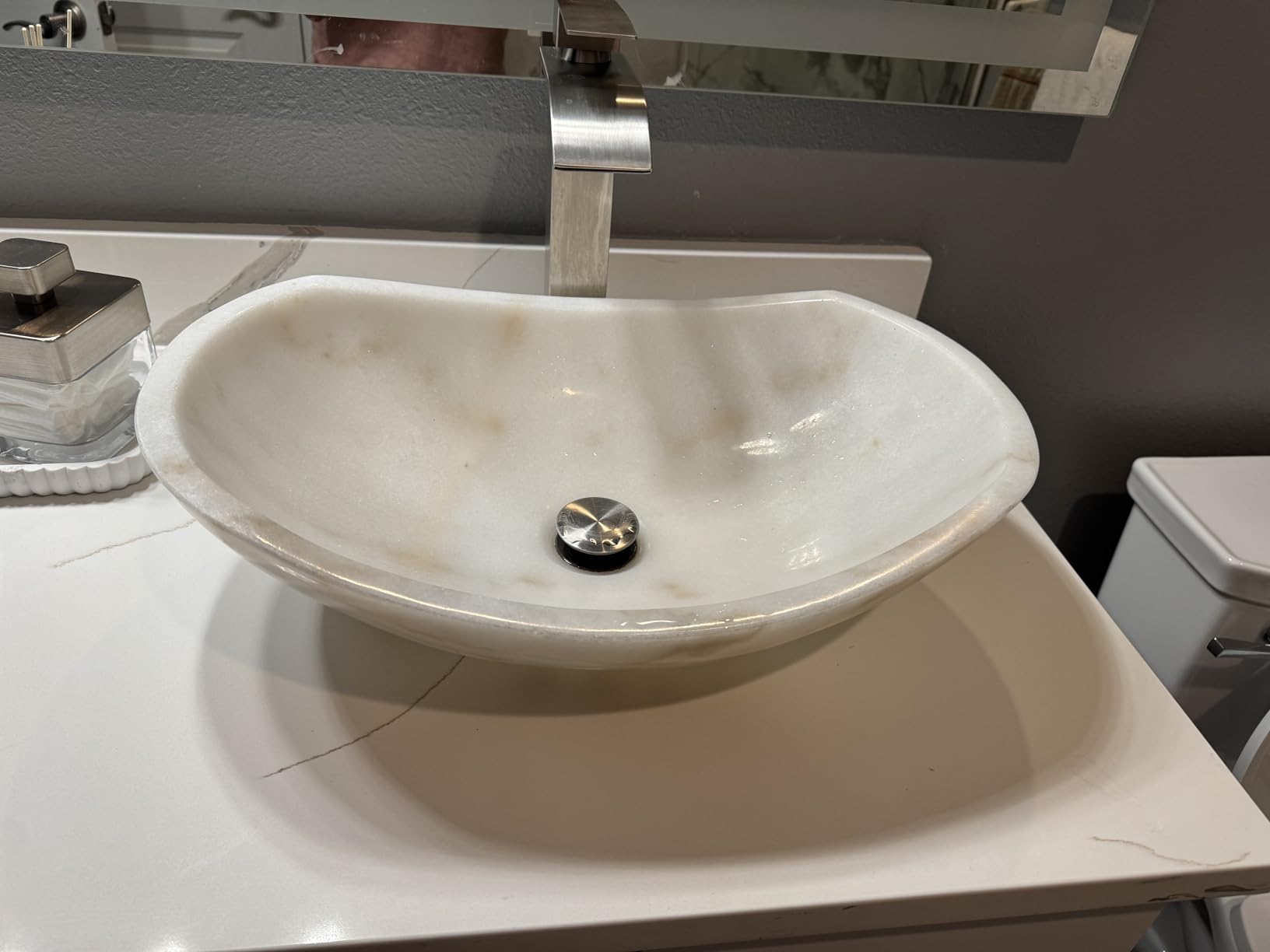 Natural white marble boat-shaped sink with irregular natural brown/black veining, 100% handcrafted. Bathroom vanity sink-elegant and refined, suitable for bathroom vanities or countertops. customer photo 2