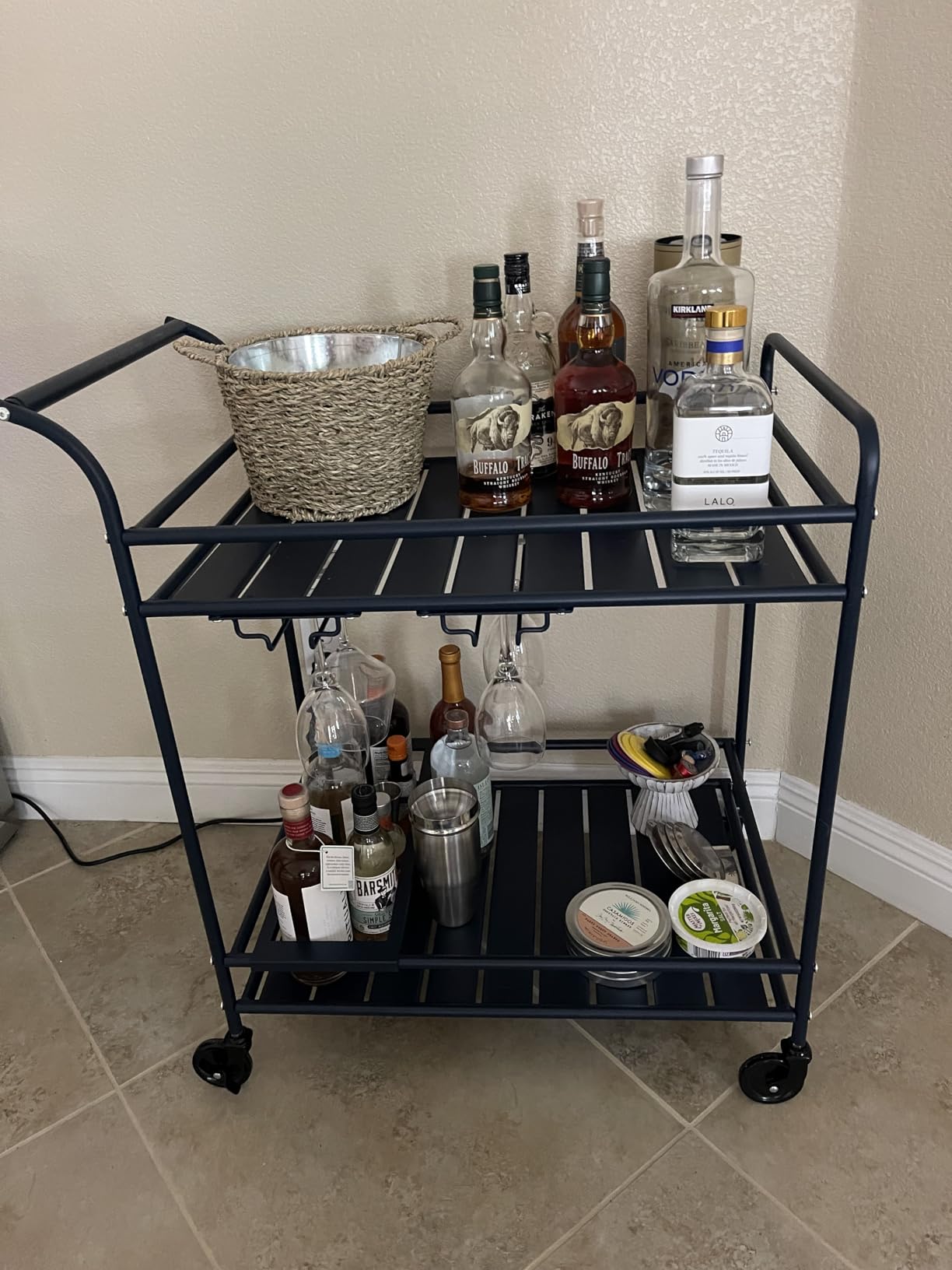 Best Choice Products Rolling Bar Cart, Mobile Home Bar Serving Cart, Serving Station w/ 2 Tier Shelves, Wine Rack, Lockable Wheels - Teal customer photo 2