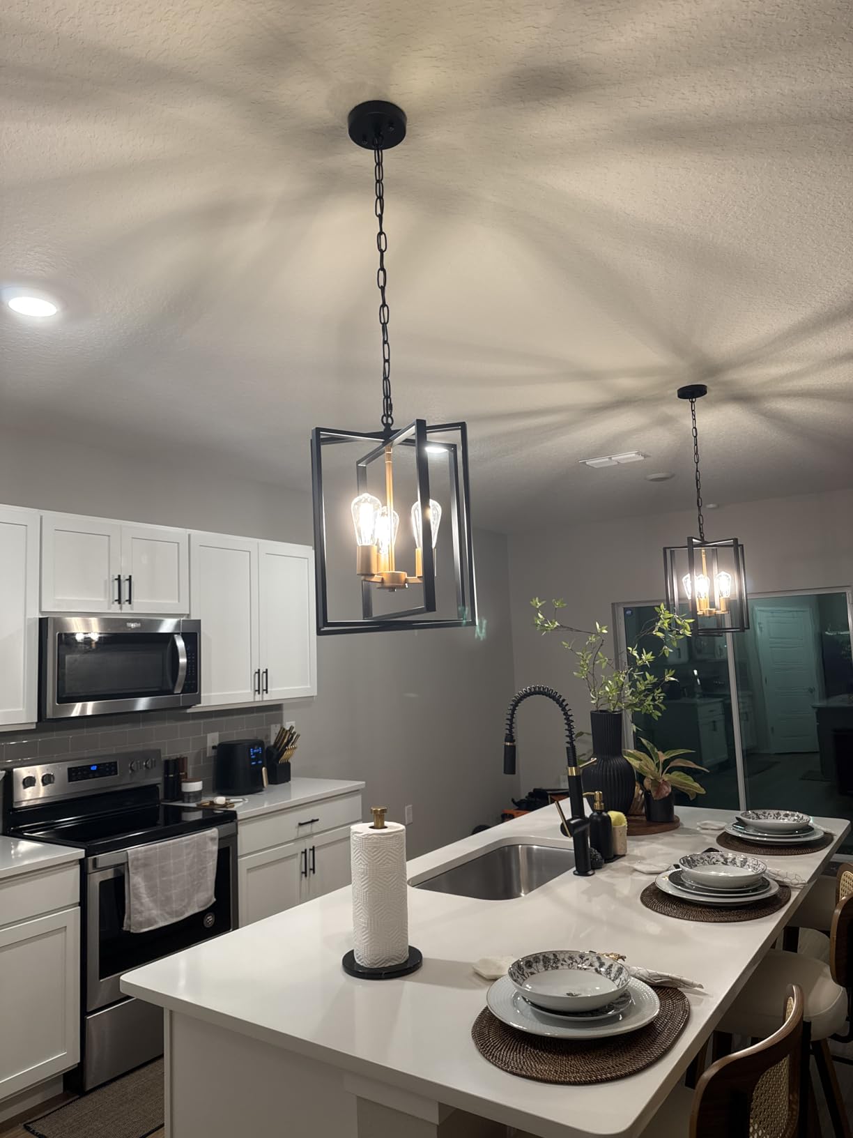 Black Farmhouse Modern Chandelier Light Fixture for Dining Room, 3 Light Rustic Kitchen Island Metal Pendant Hanging, Adjustable Geometric Foyer Light Fixtures for Entryway Hallway Living Room customer photo 2