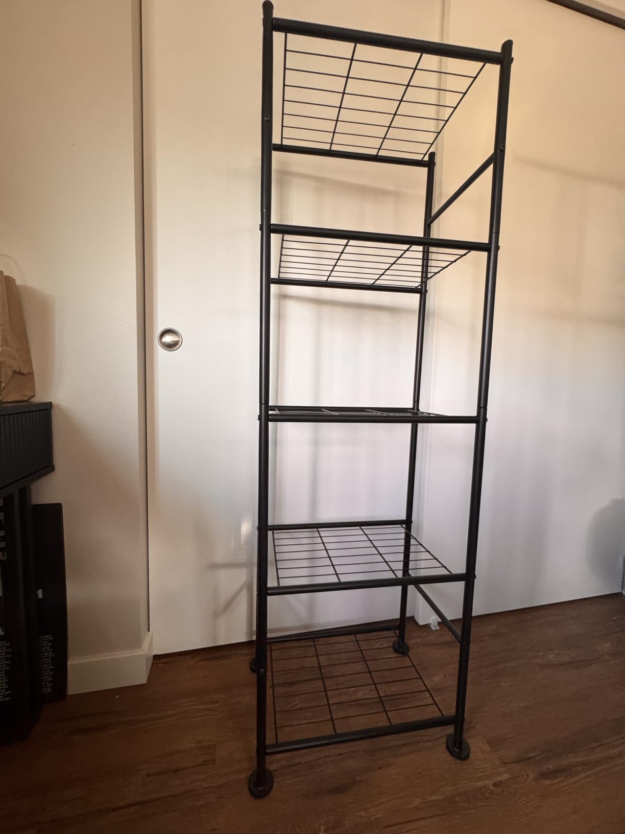 Sakugi 5-Tier Storage Rack Organizer with Hooks, Heavy Duty Metal Garage Rack with Leveling Feet, Freestanding Utility Rack for Bedroom, Balcony and Garage, 18.1