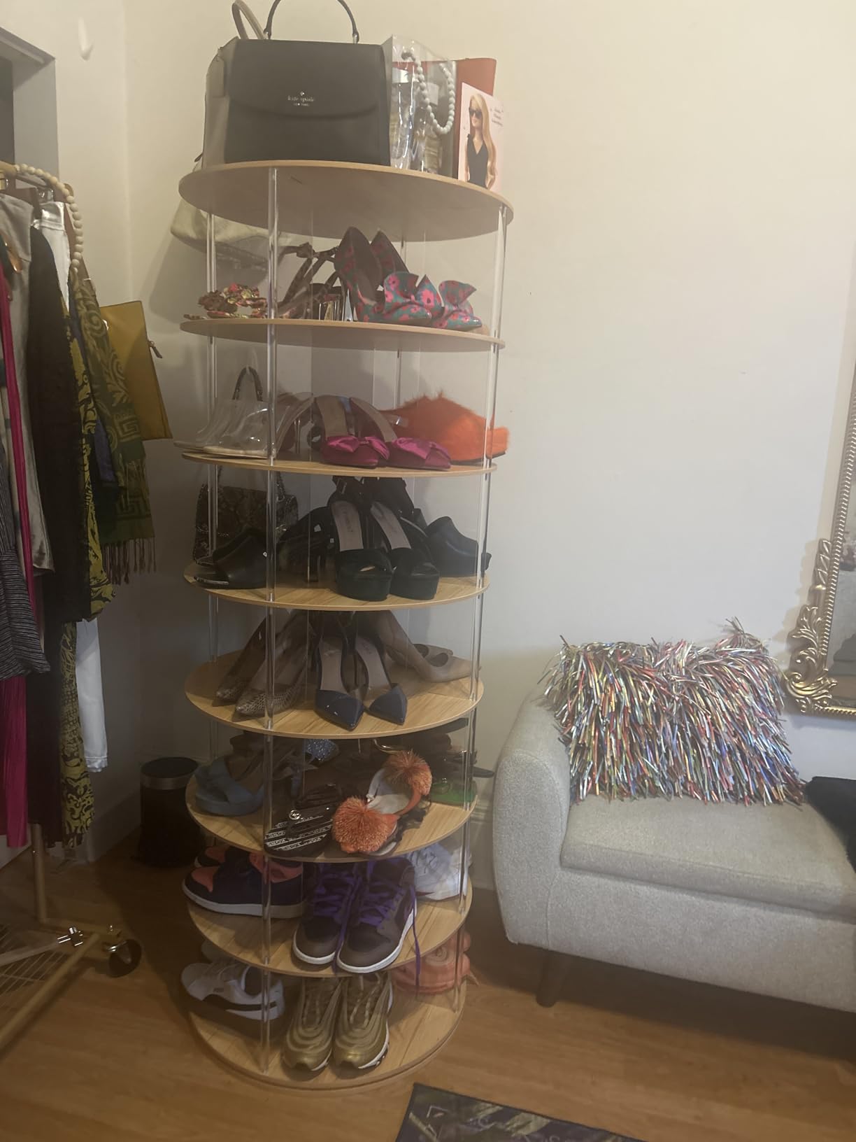 TAKEKIT 7-Tier Rotating Shoe Rack, 360 Degree Spinning Shoe Rack Tower, Lazy Susan Storage Tower Made in Acrylic and Wood, Round Rotating Organizer Shelf for Closet, Entryway and Bedroom customer photo 2
