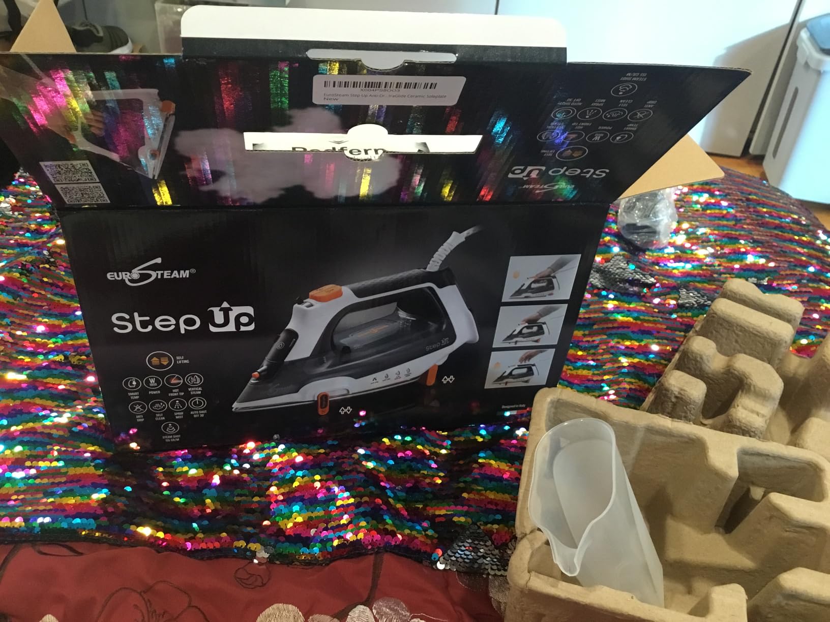 Eurosteam Step Up Self-Lifting Steam Iron | 1800W self-lifting steam iron with smart temp tech. Ceramic soleplate automatically raises to prevent burns. customer photo 1