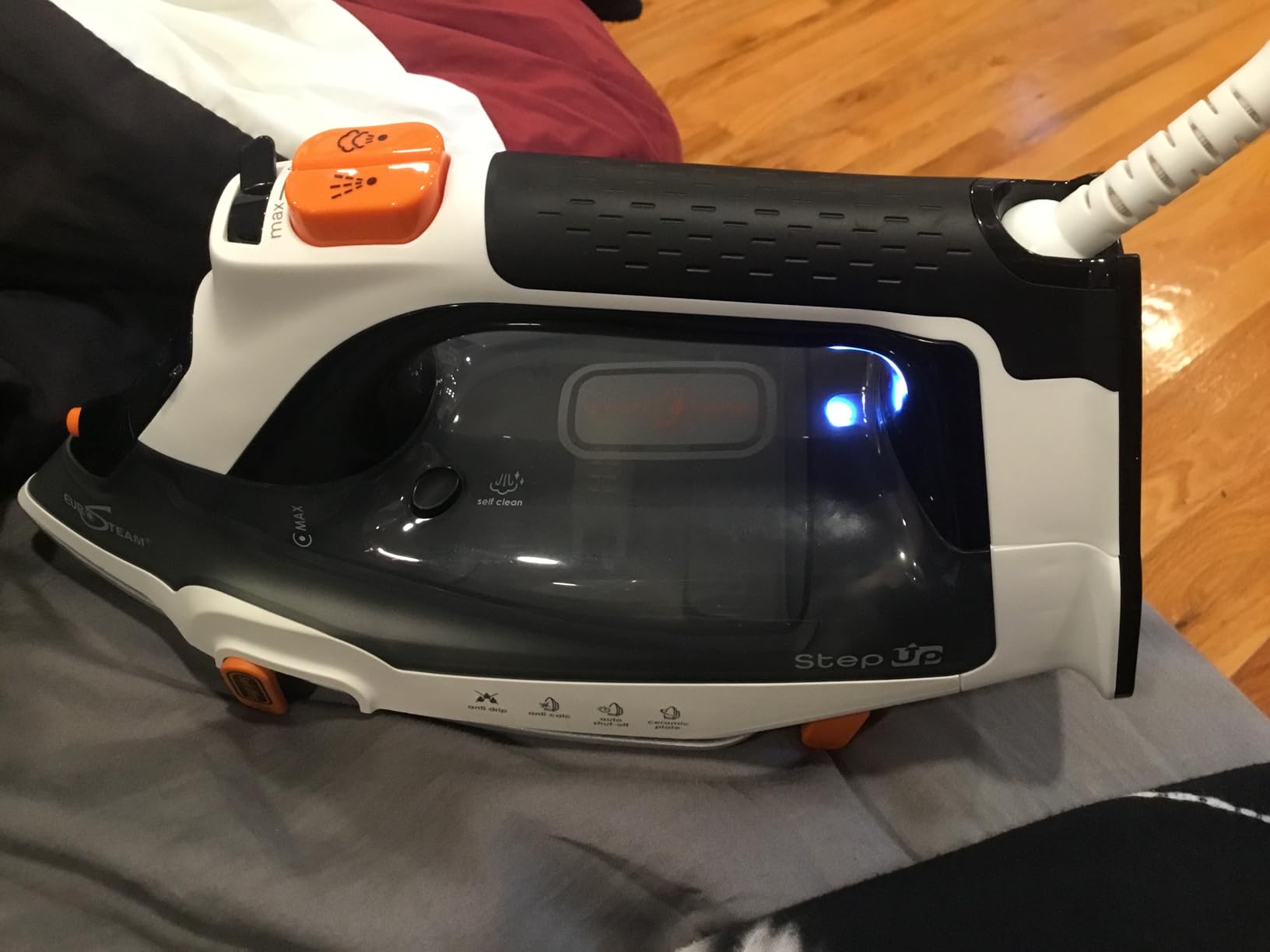 Eurosteam Step Up Self-Lifting Steam Iron | 1800W self-lifting steam iron with smart temp tech. Ceramic soleplate automatically raises to prevent burns. customer photo 2