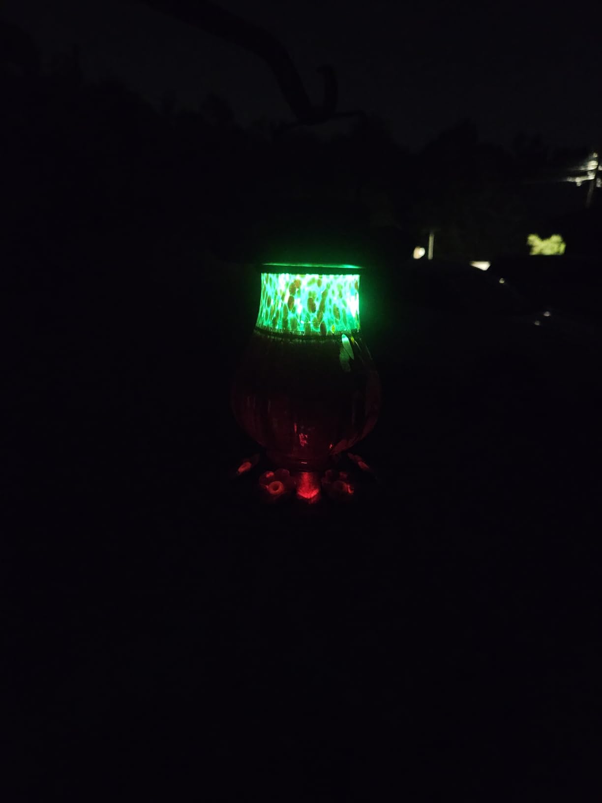 DesGully Solar Hummingbird Feeder for Outdoor - 25 fl.oz Hand Blown Glass Hummingbird Feeders for Outdoors Hanging, Large Capacity with Moat, 6 Colors Changing Light Outside Garden Decor (Red) customer photo 2