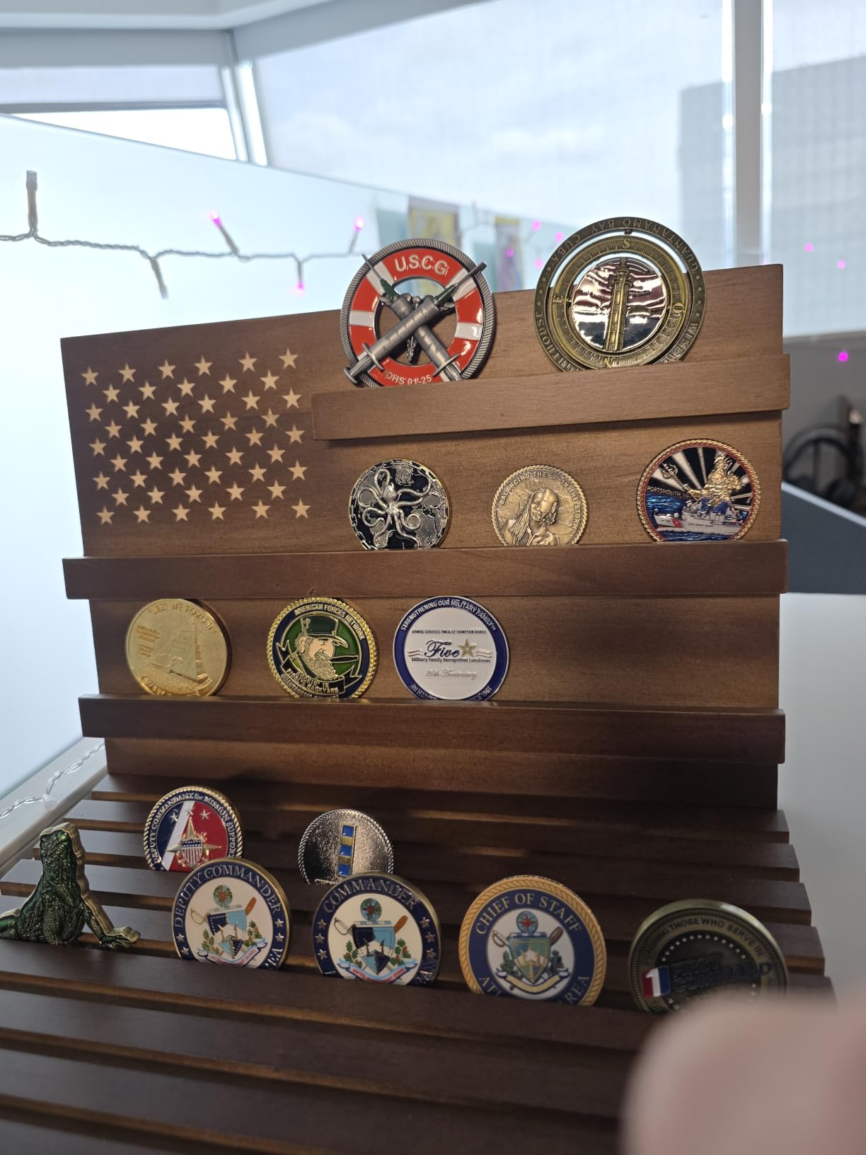 Challenge Coin Display, Walnut Military Coin Holder Tabletop Case | Large Slotted Stand Hold 80 Multi Coins 3+8 Racks Solid Wood Gift for Navy Army Police Veterans Collection Desktop Decorative customer photo 1