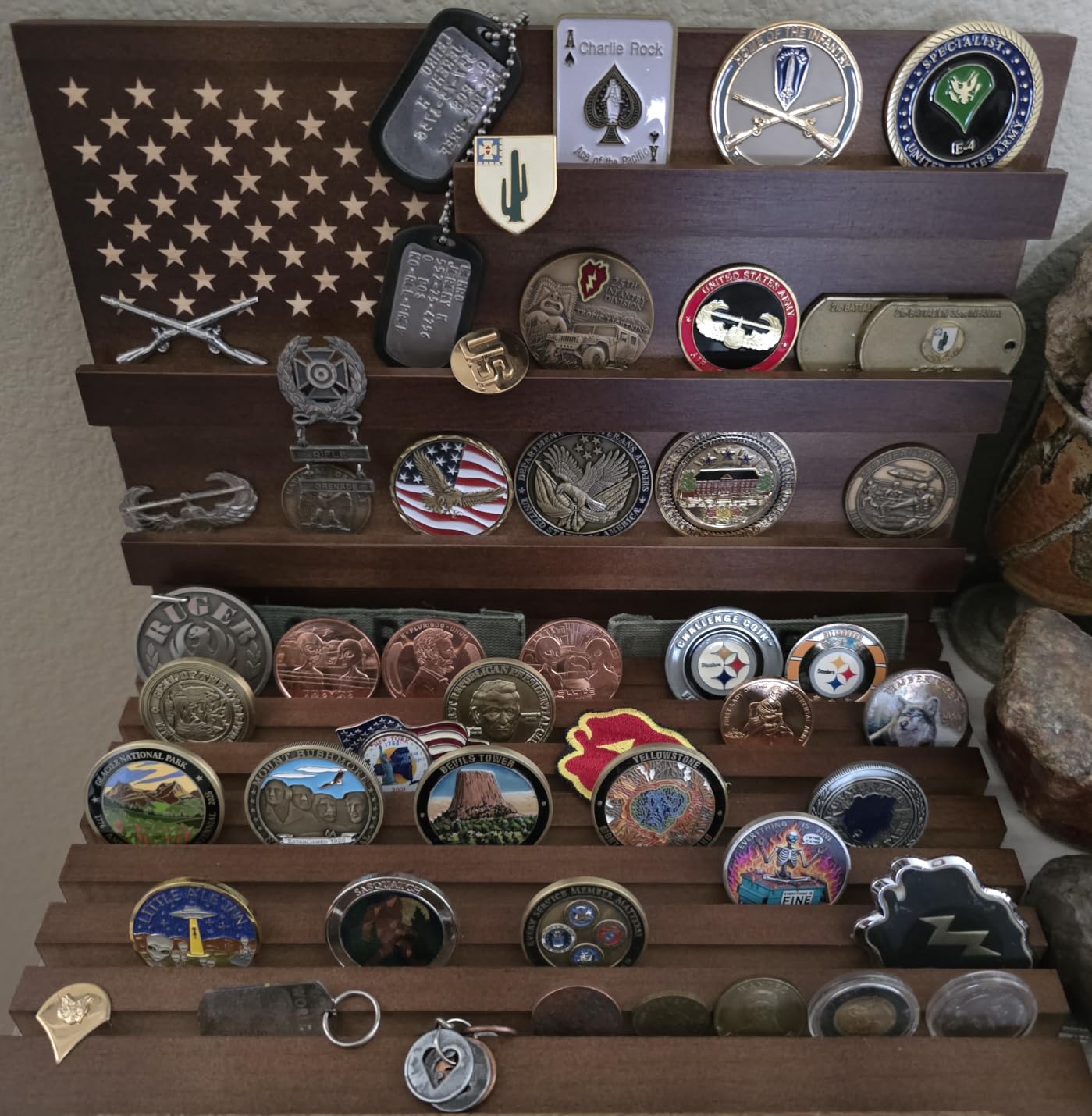 Challenge Coin Display, Walnut Military Coin Holder Tabletop Case | Large Slotted Stand Hold 80 Multi Coins 3+8 Racks Solid Wood Gift for Navy Army Police Veterans Collection Desktop Decorative customer photo 2