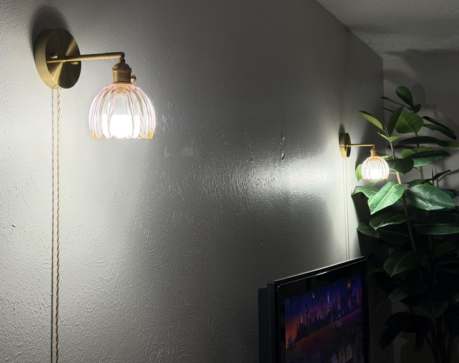 Plug in Wall Sconces Set of 2, Vintage Wall Sconce Light with Tulip Milk White Glass Lampshade, Bedroom Wall Sconce with Switch and Plug in wall lamp Cord, Gold Wall Light Wall Decor Set of 2 customer photo 2