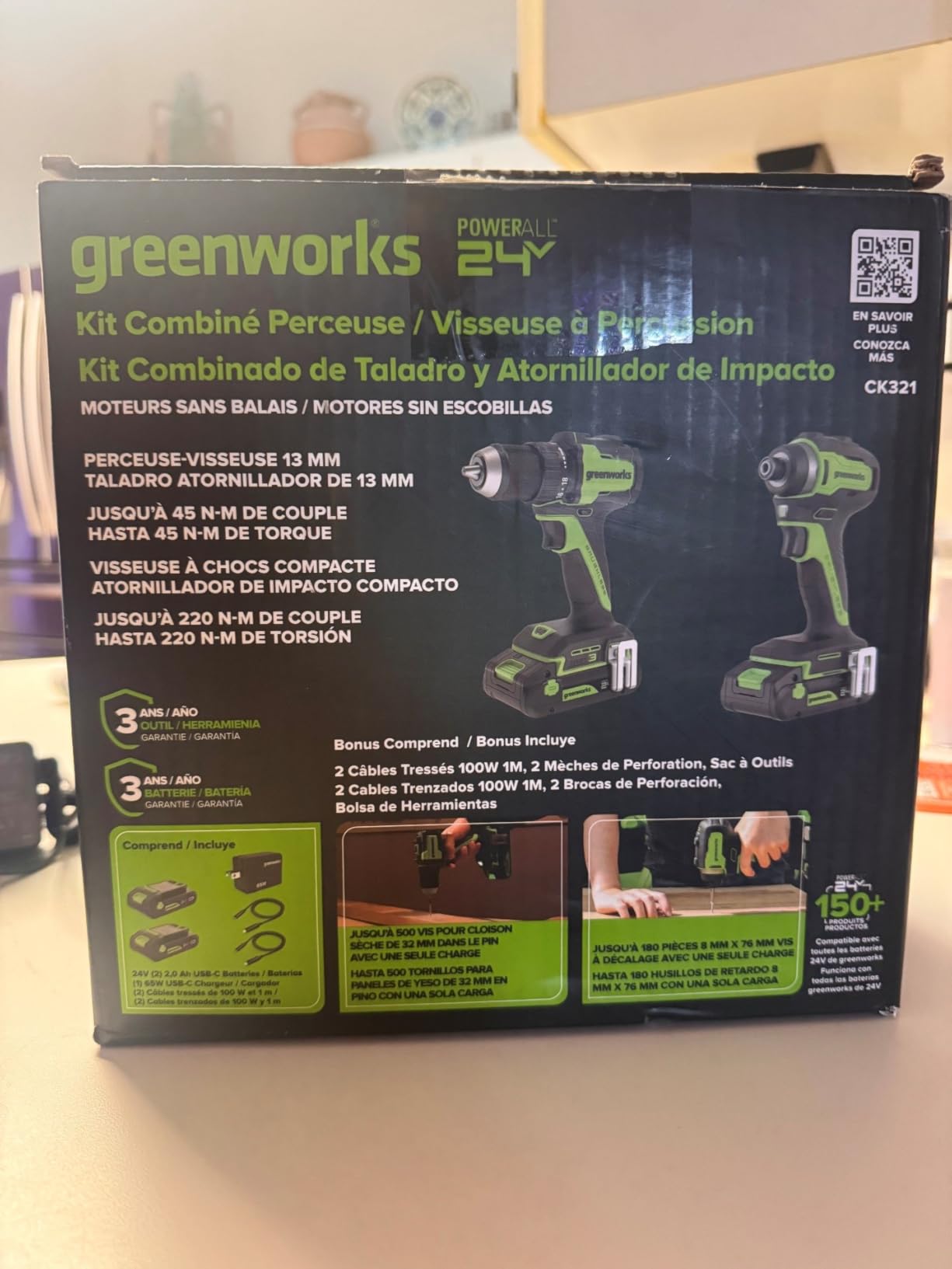 Greenworks 24V Cordless Brushless 400 in-lbs Drill/Driver+1950 in-lbs Impact Driver Combo,High Torque, Lightweight, (2) 2.0Ah USB-C Batteries(12,000mAh Power Bank) and 65W USB-C Fast Charger(3-Port) customer photo 2