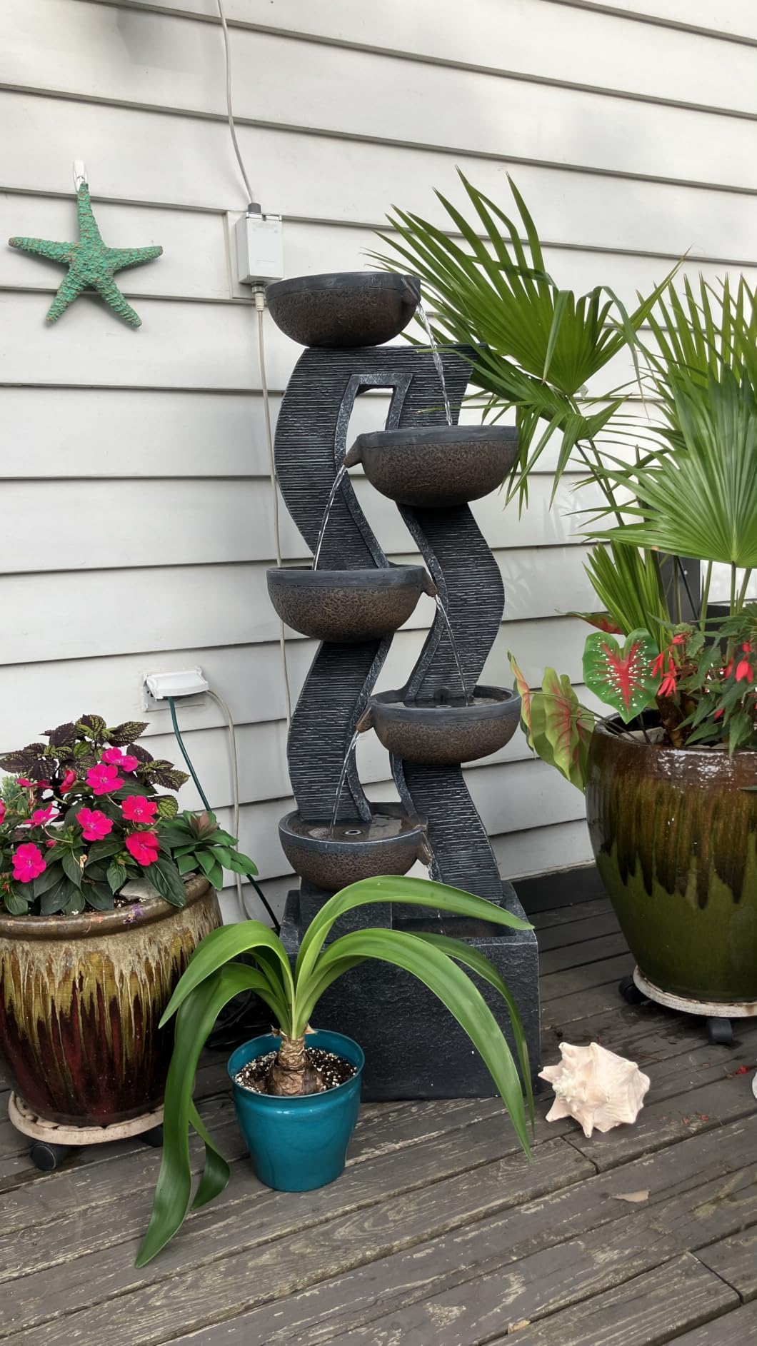 52.8 in Modern Geometric Outdoor Water Fountain with LED Lights | Multi-Point Warm Glow, Curved 6-Tier Cascade, Weatherproof Resin, Gentle Water Sound, Tall Garden, Patio & Entryway Accent customer photo 1