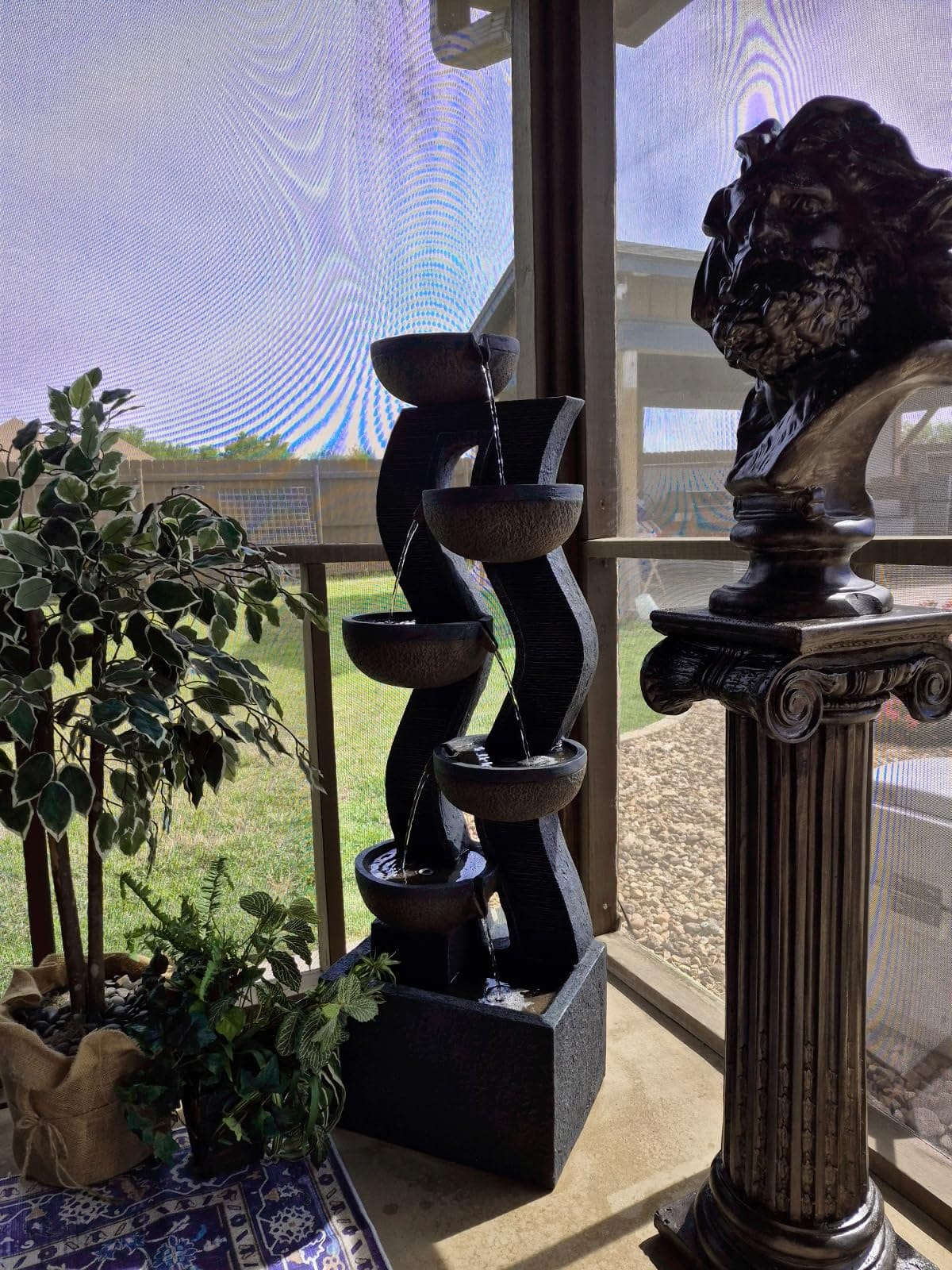 52.8 in Modern Geometric Outdoor Water Fountain with LED Lights | Multi-Point Warm Glow, Curved 6-Tier Cascade, Weatherproof Resin, Gentle Water Sound, Tall Garden, Patio & Entryway Accent customer photo 2