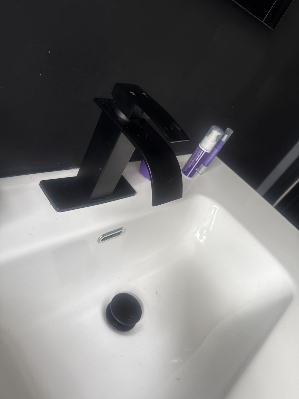 Matte Black Bathroom Faucet with Waterfall Spout and Pop-up Drain | SUS 304 Stainless Steel, Single Handle, 1 or 3 Hole Sink, Vanity Faucet, Deck Plate, Supply Hoses, NSF372 NSF61 cUPC customer photo 2