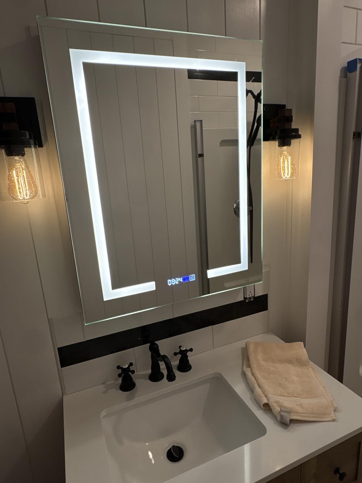 VEVOR Lighted Medicine Cabinet with Mirror, 36 x 30 in Recessed or Wall Mount, 3 Color Dimmable LED Bathroom Medicine Cabinet with HD Mirror, Clock, Adjustable Shelve Storage, Memory Defog Function customer photo 1