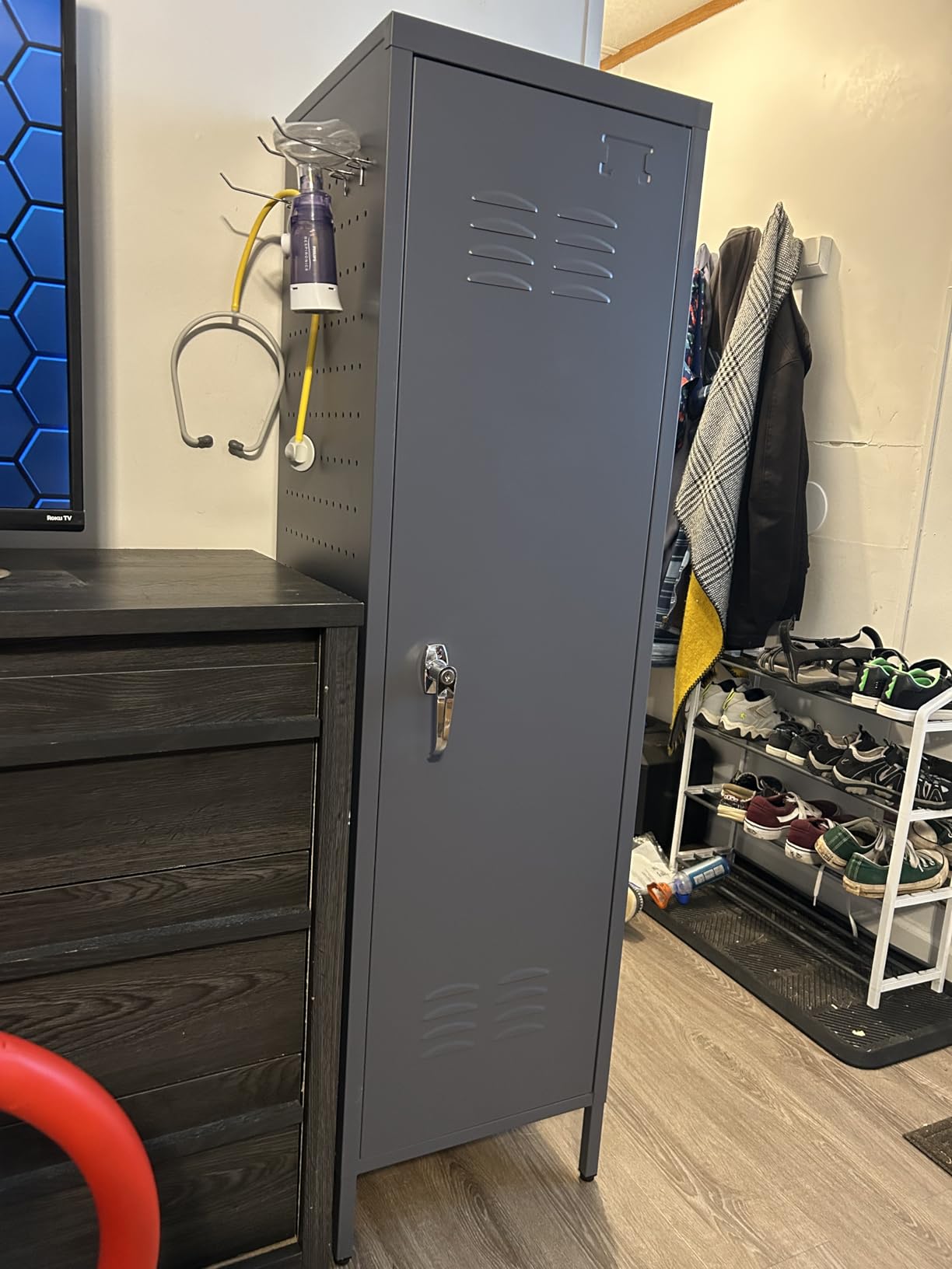 SUPEER 1-Door Metal Locker with Lock, Pegboard, Hooks and Hanging Rod | 15