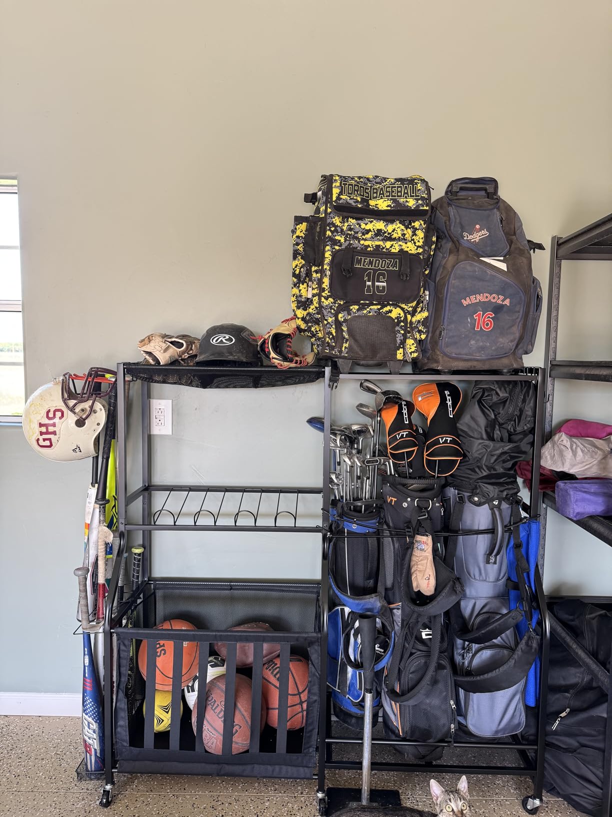 EXTCCT Garage Sports Equipment Organizer with Wheels, Golf Bag storage Rack | Heavy duty rolling sports organizer system for garage with ball bins, basket, hooks and 2 golf bag stand customer photo 2