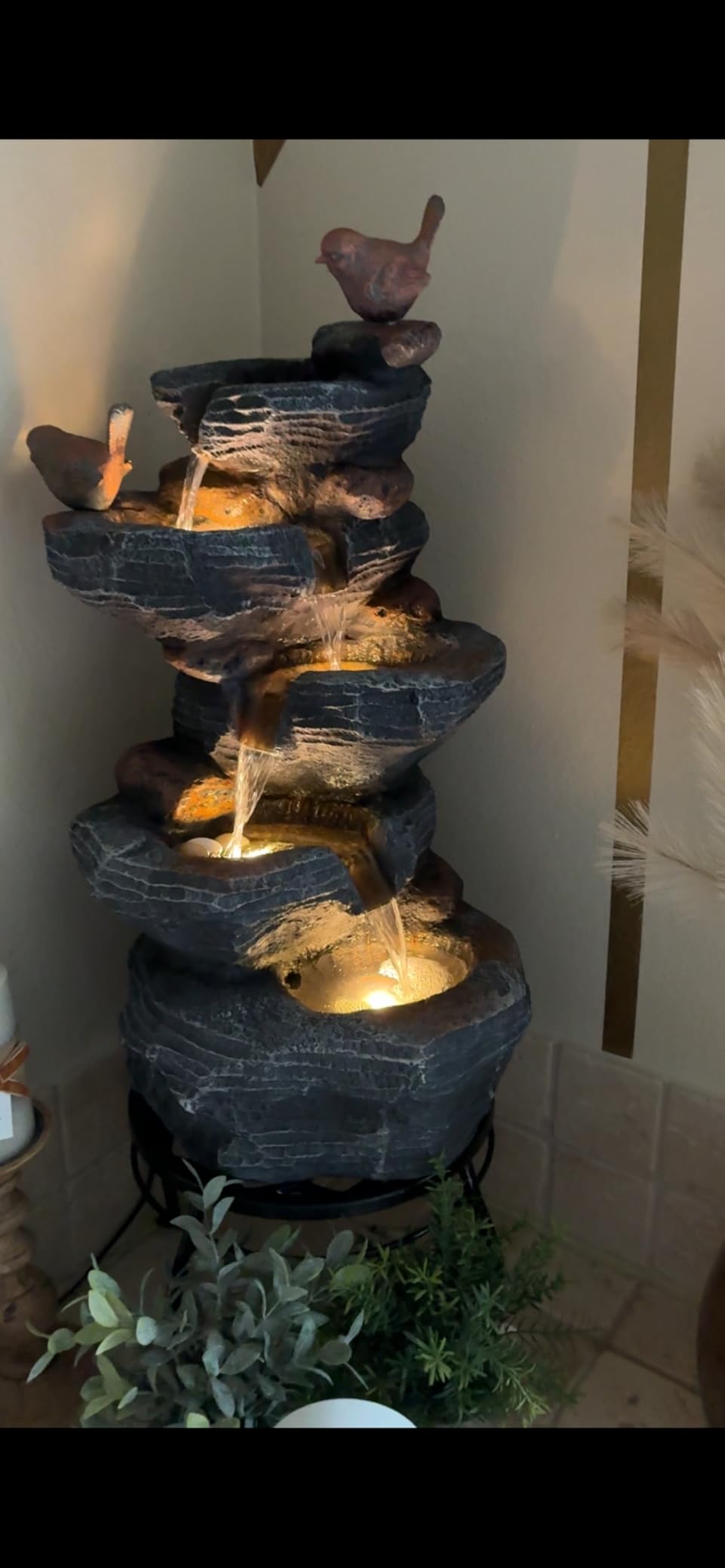 Outdoor Cascading Rock Water Fountain, 6-Tier Fountain and Waterfall, Resin Waterfall Feature with LED Lights customer photo 1