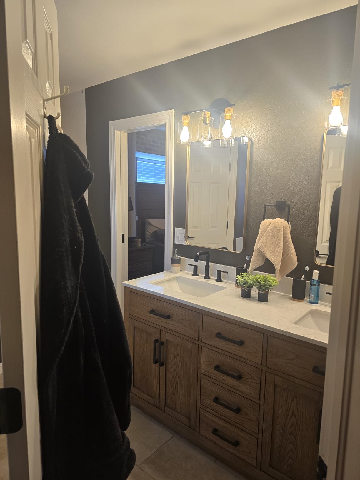 48-inch Dark Walnut Bathroom Vanity with Sink, Solid Wood, 0.79-inch Stone Countertop and Backsplash, 9 Drawers, 2 Soft Closing Doors customer photo 2
