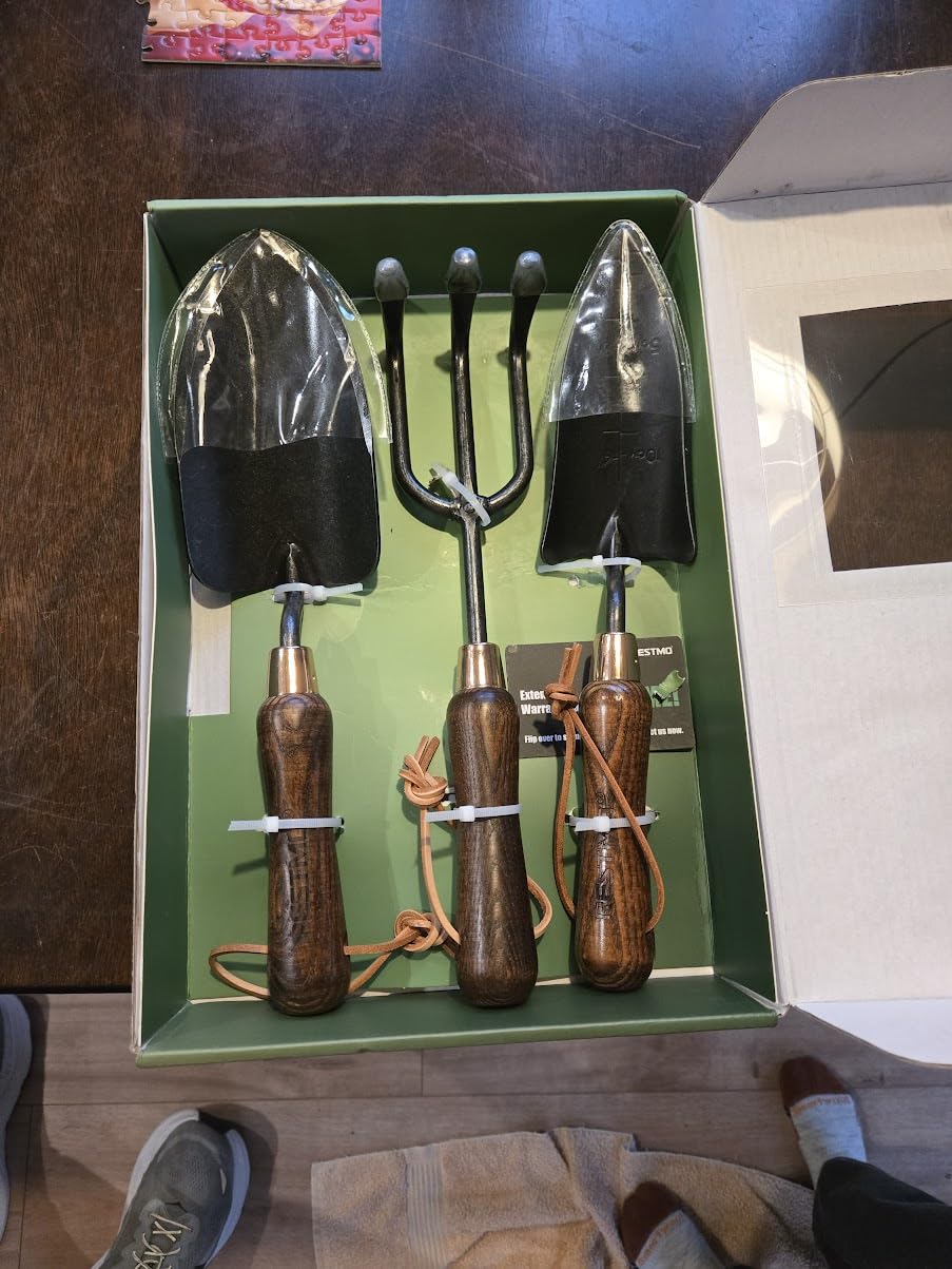 RESTMO Gardening Tools Set, 3-in-1, Carbon Steel, Wooden Handle, Brown | Heavy duty gardening tools kit. Includes trowel, transplanter, cultivator. Ergonomic wooden handle. Ideal gardening gifts. customer photo 2