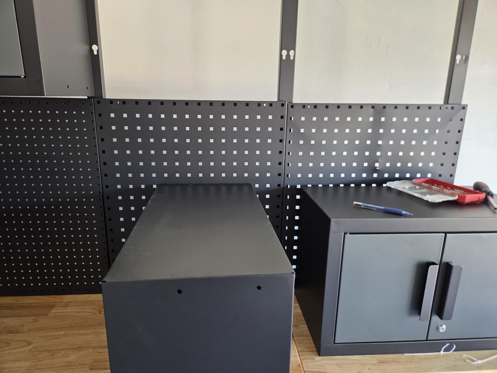 8-Pcs Garage Storage Cabinet System, Black and Grey - Corner Garage Workshop Set with Steel Cabinet, Cabinet Drawers, Workbench, Pegboard for Tool Organization customer photo 1