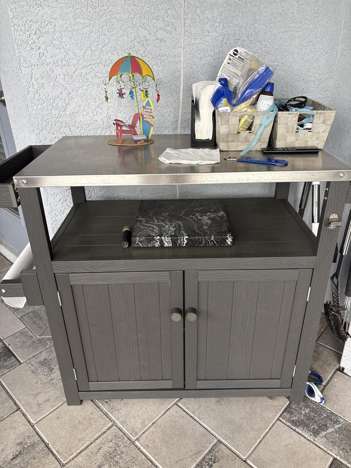 Outdoor Kitchen Island Cart with Wheels, Stainless Steel Top, Rolling Bar Cart Storage Cabinet, Spice Rack, Towel Holder, Lockable Wheels for Patio BBQ Outdoor Cooking customer photo 1