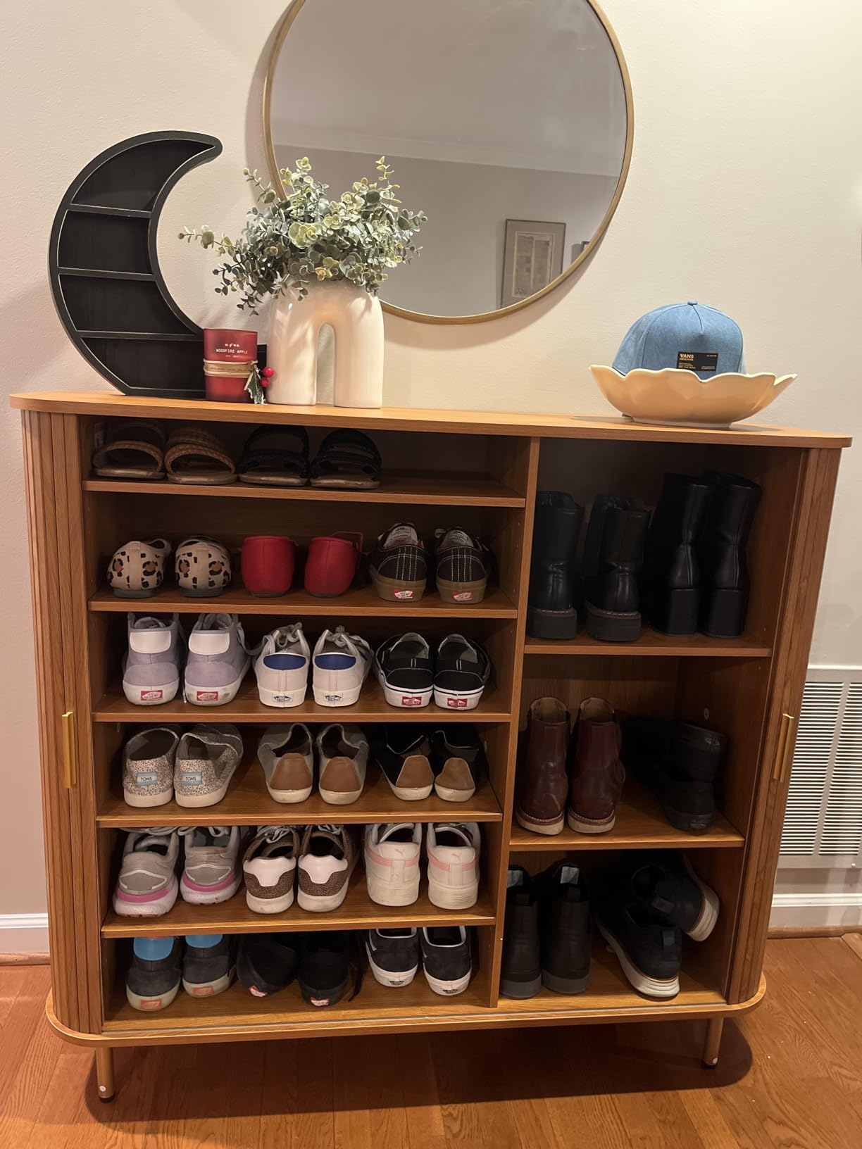DHH Shoe Storage Cabinet with Sliding Door, 6-Tier Shoe Cabinet with Adjustable Shelves, Modern Freestanding Shoe Storage Organizer for Entryway, Hallway, Living Room (Walnut, 47