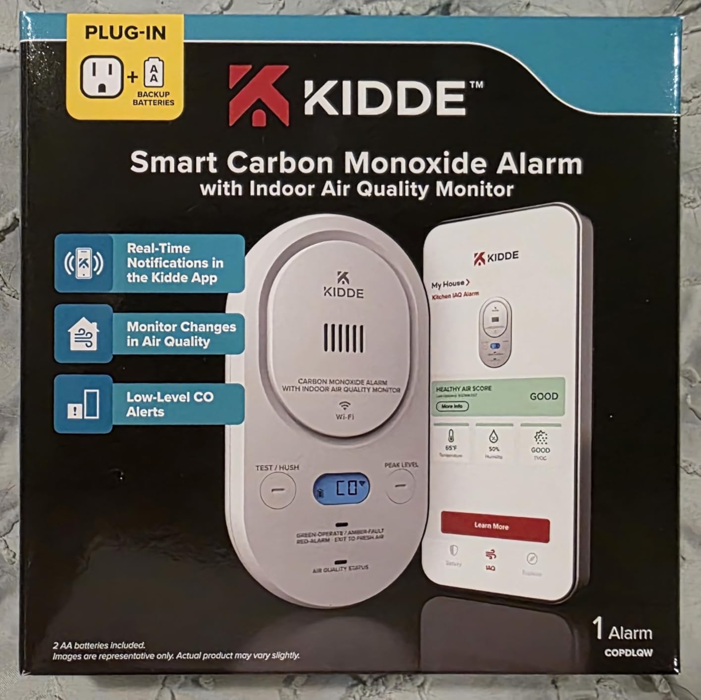 Kidde Smart CO Detector + Indoor Air Quality, Plug-in & AA Battery, COPDLQW | Smart Alarm with Real-Time Alerts, Air Quality Analysis, Digital Display customer photo 2