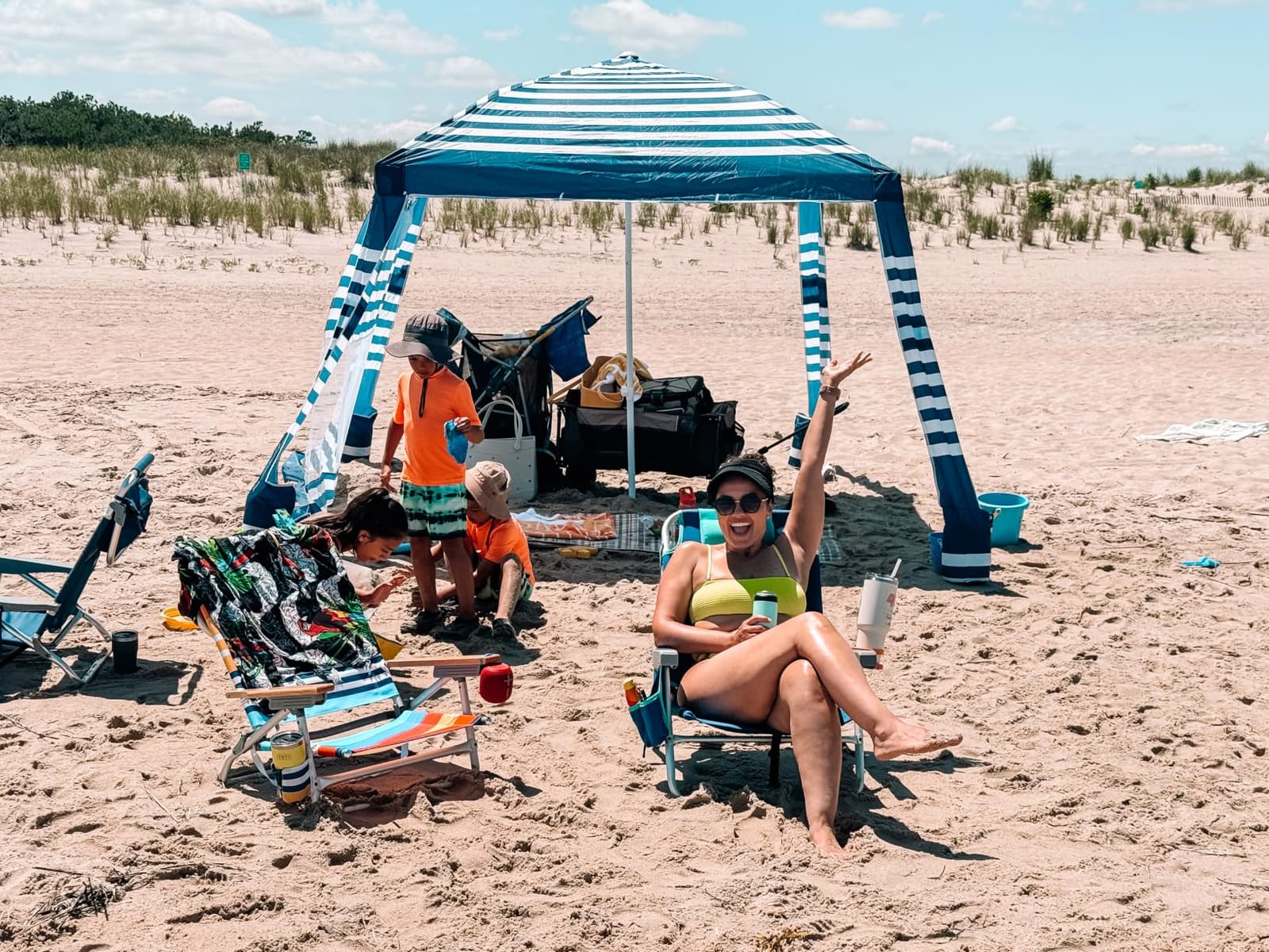 MoKo Beach Cabana, 8'x8' Large Beach Canopy with Side Wall, UPF 50+ Protection Easy Setup Beach Tent Sun Shelter, Adjustable Height Wind Resistant Cabana Beach Tent for Whole Family, Navy Stripes customer photo 2