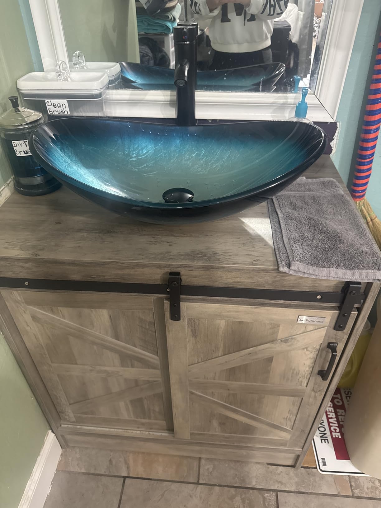 48 inch Barn Door Bathroom Vanity with 6 Drawers, Farmhouse Style Standing Pedestal Cabinet with Two Blue Boat Glass Vessel Sinks customer photo 1