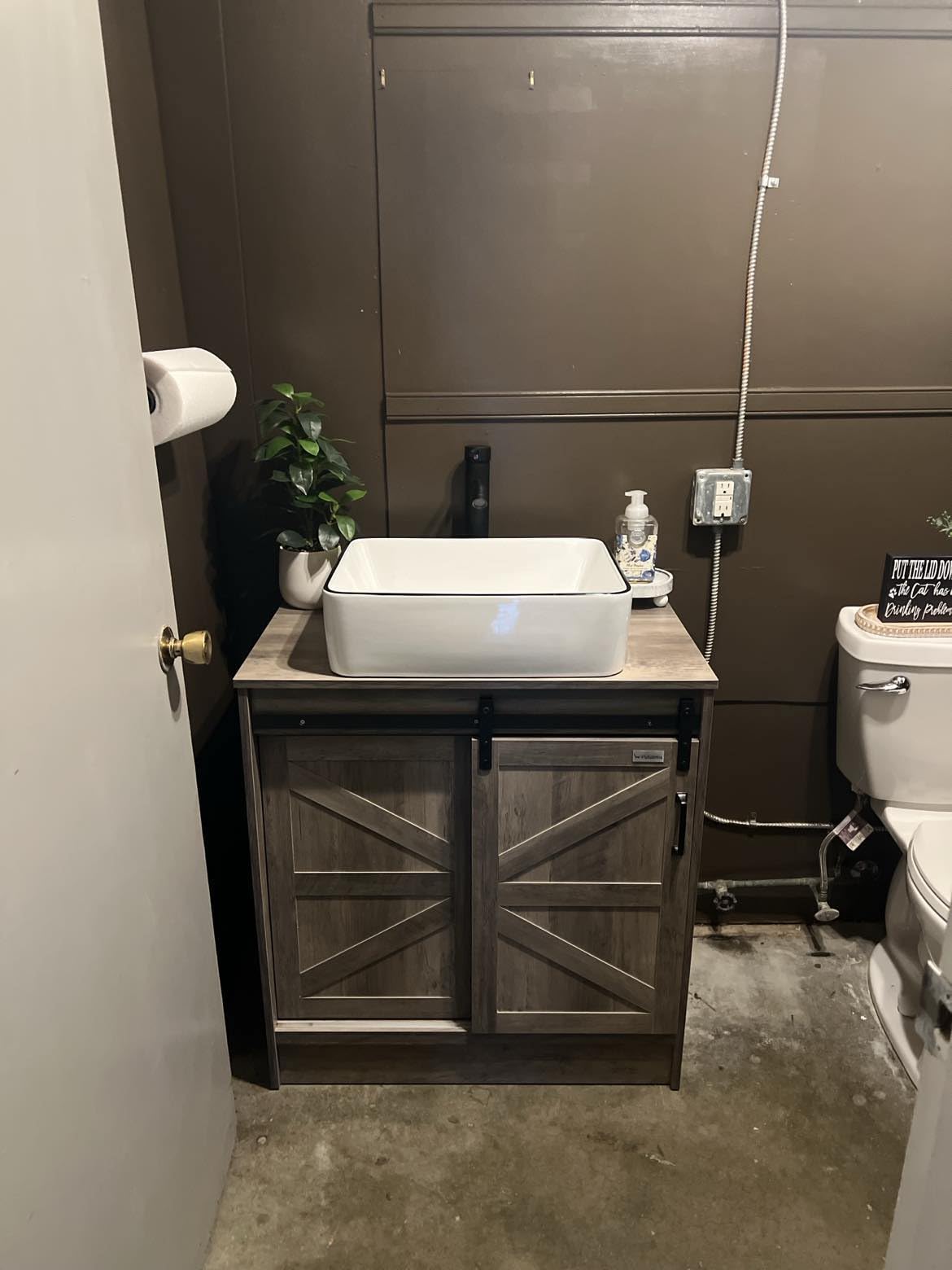 48 inch Barn Door Bathroom Vanity with 6 Drawers, Farmhouse Style Standing Pedestal Cabinet with Two Blue Boat Glass Vessel Sinks customer photo 2