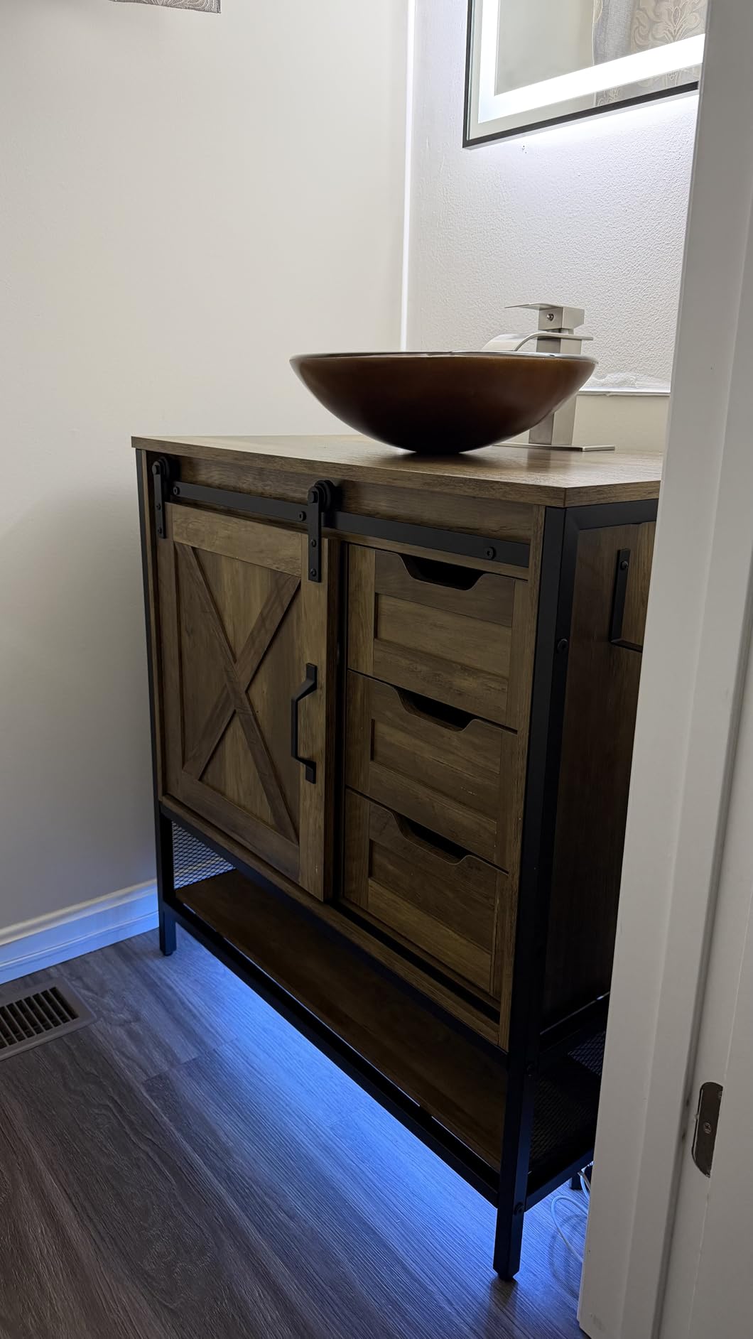 Concho 30'' Farmhouse Bathroom Vanity with Vessel Sink Rustic Brown | LED Light, Sliding Barn Door, Tempered Vessel Sink, 3-Drawer Storage, Adjustable Shelf, Side Hooks for Bathroom Organization customer photo 2