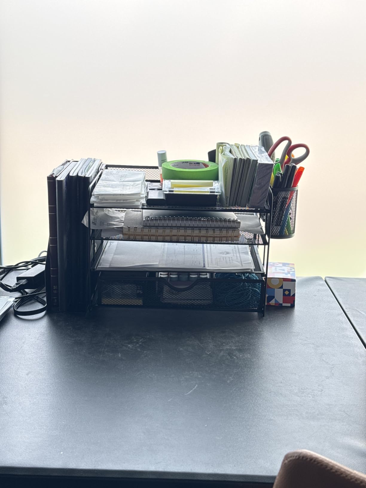 WALI Desk File Organizer, 4 Tier Desktop Paper Letter Tray Organizer with Drawer and 2 Pen Holders, Office Desk Accessories & Workspace Organizers for Office, Home Supplies(DO005DH-B), 1 Pack, Black customer photo 1