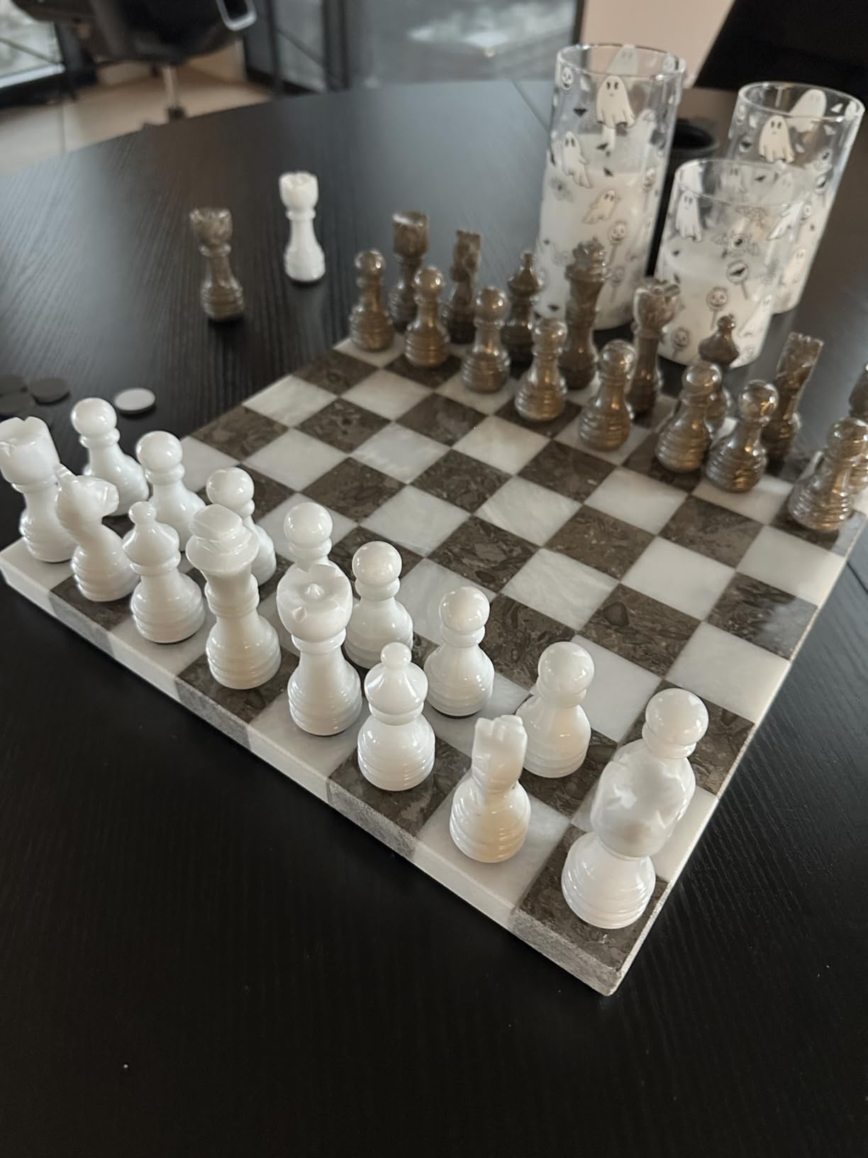 Marble Chess Sets for Adults 12 Inch White & Travertine | Luxury Stone Chess Board Game with 32 Chess Pieces & 2 Extra Queens Handmade Decorative Chess Set Premium Home Decor Gift customer photo 2