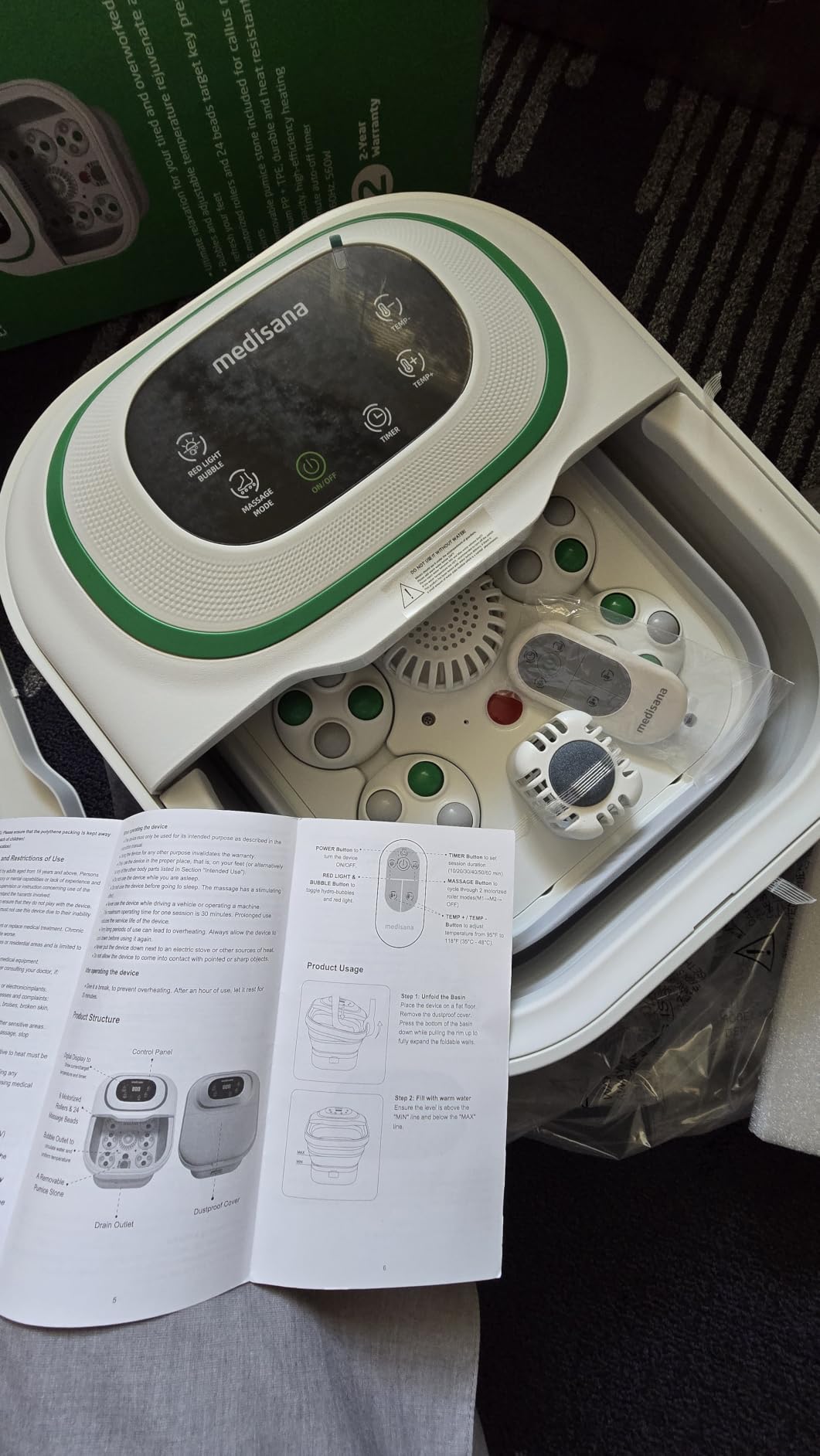 Medisana Collapsible Foot Spa, Foot Bath with Heat, Massage Rollers, Bubble | Pedicure Foot Spa with 6 Motorized Rollers & 24 Massage Beads, Red Light, Bubble, Foot Soaking Tub for Relaxation, Ideal Gift customer photo 1