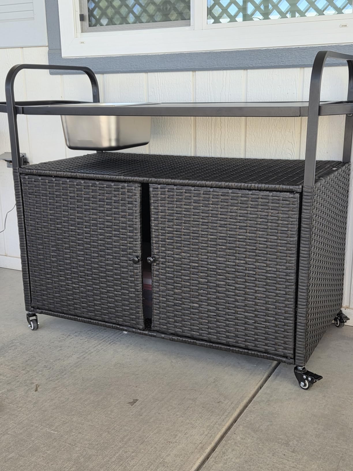 HOMEFUN Outdoor Bar Cart with Storage Cabinet, Brown | Outside Bar Table with Wheels Wicker Grill Carts Patio Kitchen Island Table Weatherproof Prep Stand customer photo 2