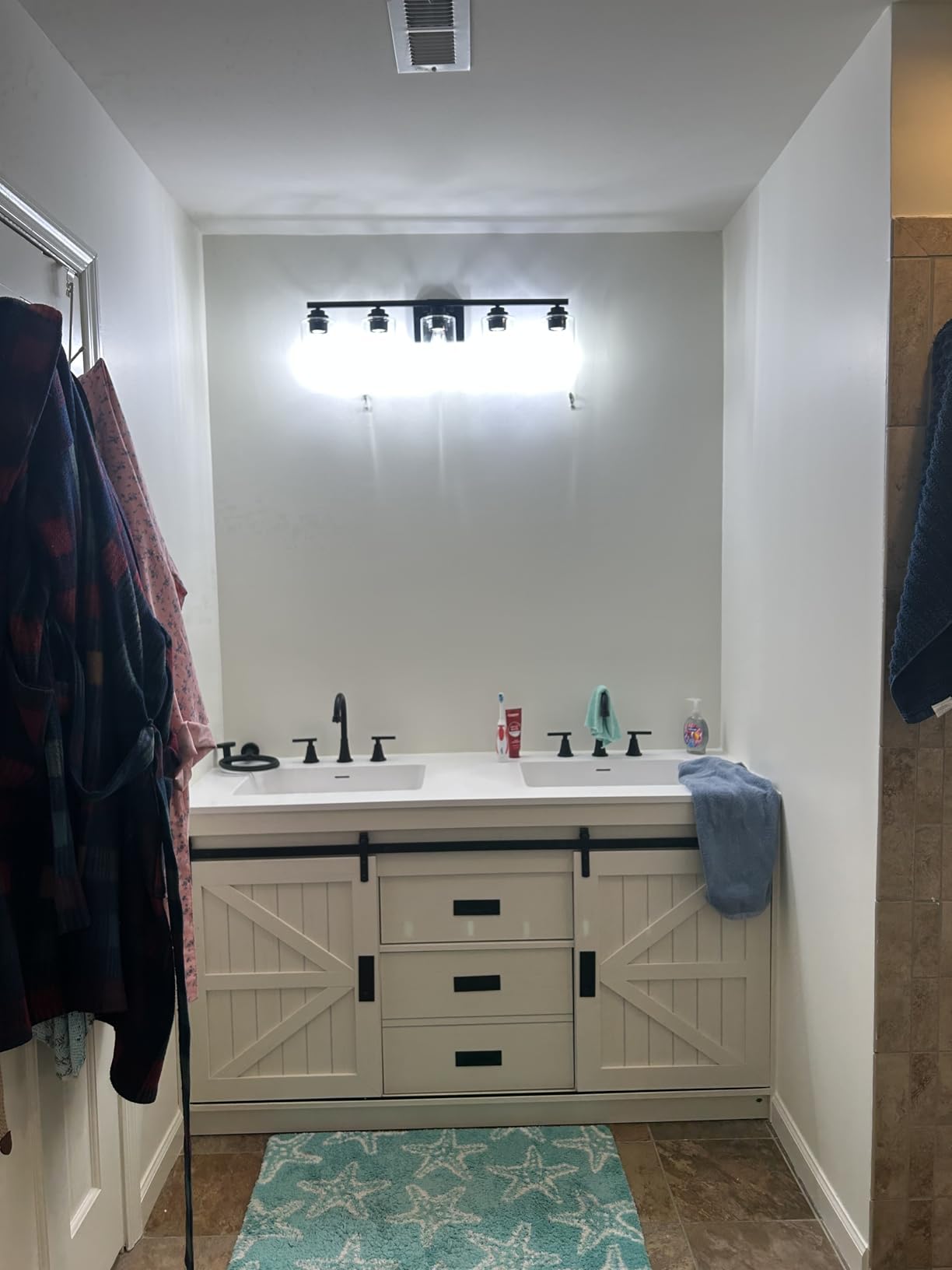 LUXOAK 36'' Farmhouse Freestanding Bathroom Vanity Cabinet with Sink, White | Sliding Barn Door Vanity with Drawers & Metal Handles, Spacious Storage, Deep Basin, Distressed White customer photo 1