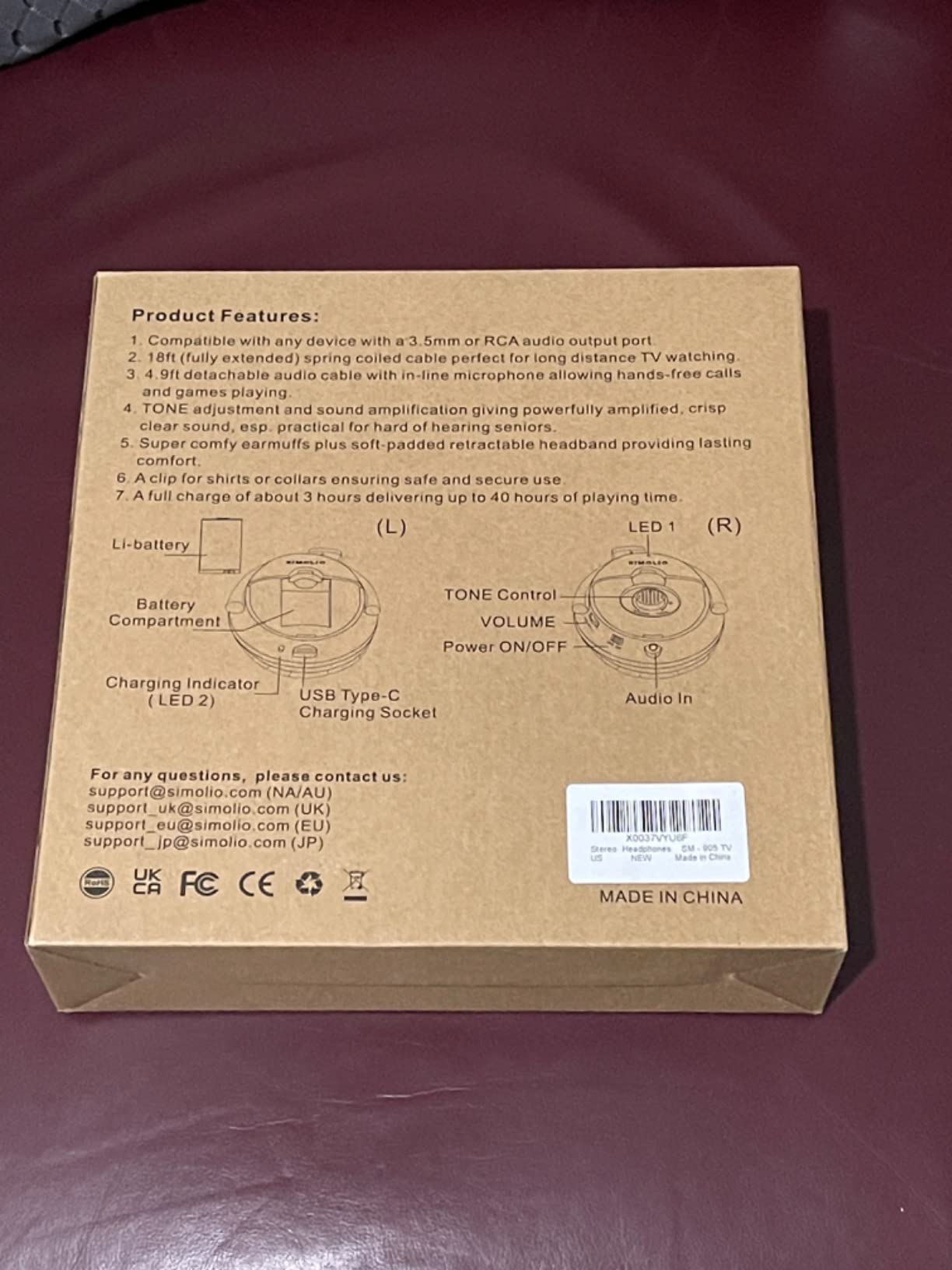 SIMOLIO Sound Amplified Wired Headphones with Extra Long Cord for TV with Clear Dialogue, 18ft/5.5M Long Coil Cord, Over Ear Wired TV Headphones for Seniors w/Volume Control & Clip, 40 Hrs Playtime customer photo 1